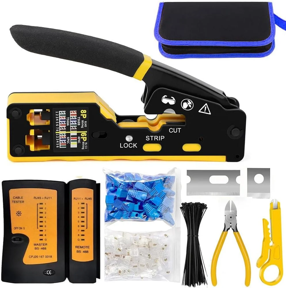 ابزار پرس RJ45 برای کابل شبکه Cat6 Cat5e Cat6a به همراه تستر کابل، کانکتورهای Cat6 با روکش بوت RJ45، سیم لخت کن کوچک، تیغه ها و بست کمربندی