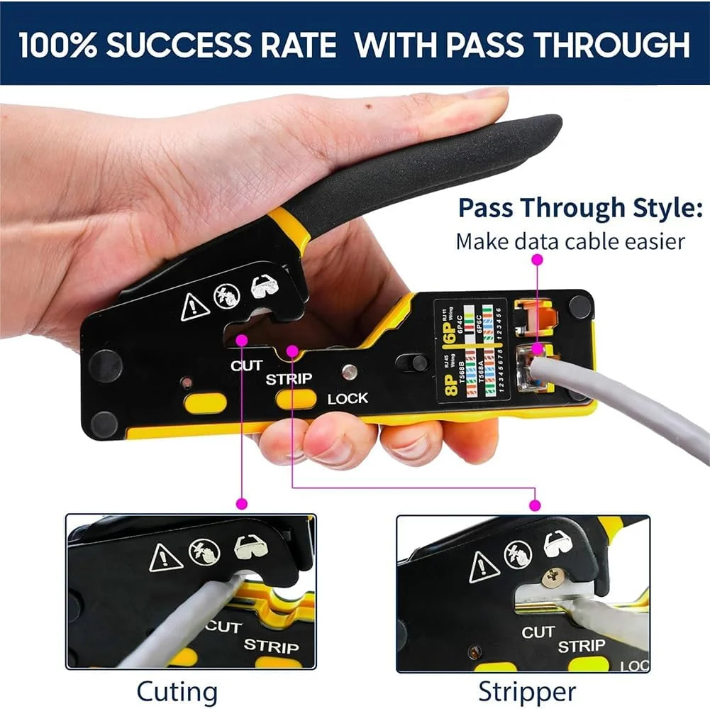 ابزار پرس RJ45 برای کابل شبکه Cat6 Cat5e Cat6a به همراه تستر کابل، کانکتورهای Cat6 با روکش بوت RJ45، سیم لخت کن کوچک، تیغه ها و بست کمربندی