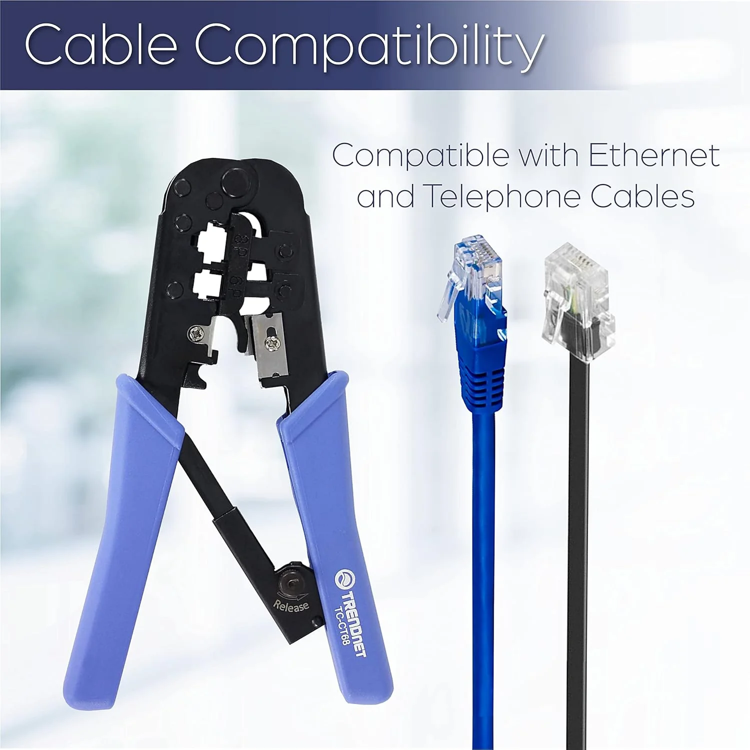 ابزار پرس ترندنت، ابزار پرس، برش و لخت کن، برای هر کابل اترنت یا تلفن، دارای برش و لخت کن داخلی، 8P-Rj-45 و 6P-Rj-12، Rj-11، تمام فولادی، مشکی، Tc-Ct68