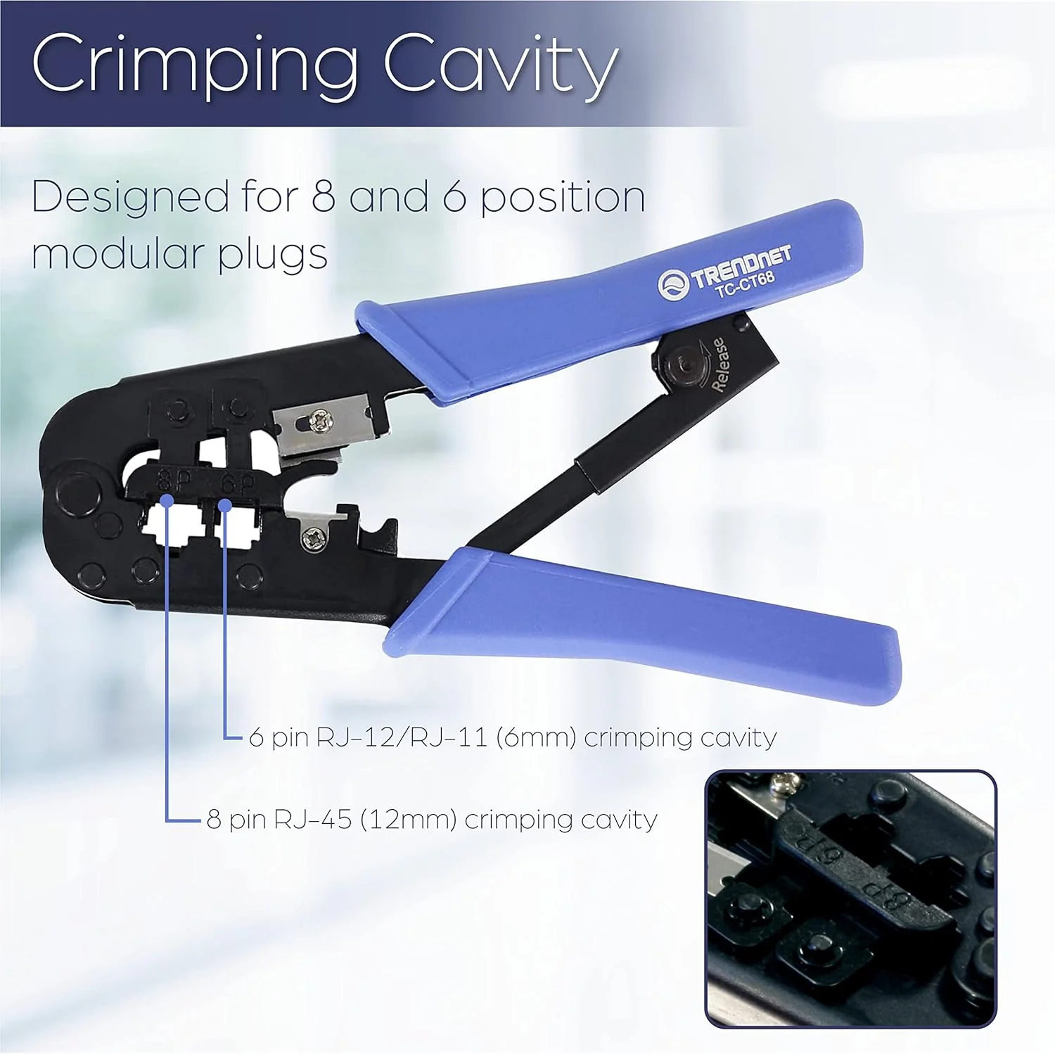 ابزار پرس ترندنت، ابزار پرس، برش و لخت کن، برای هر کابل اترنت یا تلفن، دارای برش و لخت کن داخلی، 8P-Rj-45 و 6P-Rj-12، Rj-11، تمام فولادی، مشکی، Tc-Ct68