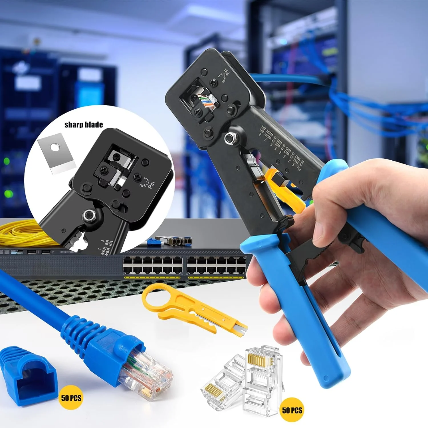 ابزار پرس RJ45 VINET، کیت ابزار پرس عبوری برای اتصالات اترنت Cat5 Cat5e Cat6 به همراه تستر کابل، 50 عدد کانکتور Cat6 و روکش محافظ و سیم لخت کن ابزار پرس RJ45 VINET، کیت ابزار پرس عبوری برای اتصالات اترنت Cat5 Cat5e Cat6 به همراه تستر کابل، 50 عدد کانکتور Cat6 و روکش محافظ و سیم لخت کن