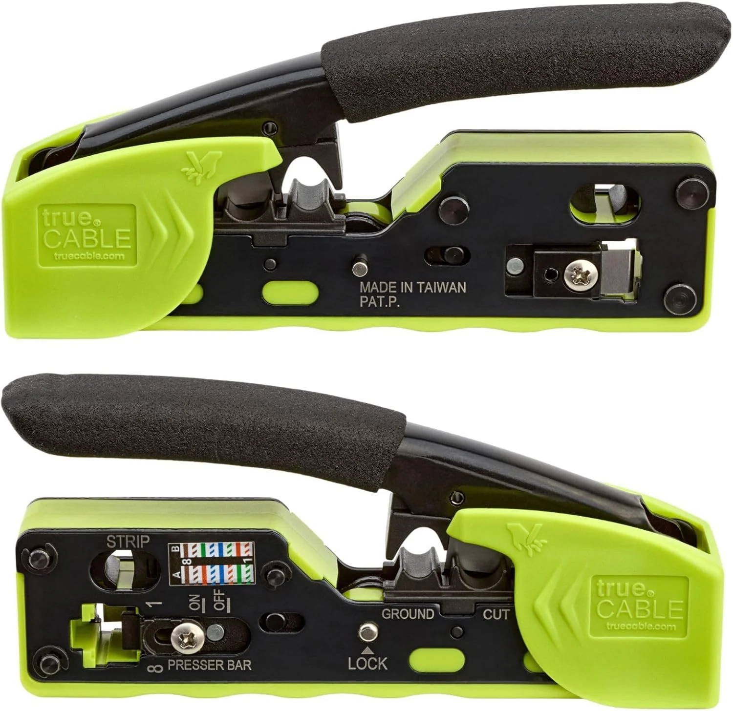 ابزار پرس TRUE CABLE برای RJ45 عبوری - پرس، برش و لخت‌کن کابل اترنت همه کاره - سازگار با کانکتورهای محافظ‌دار و بدون محافظ Cat5e، Cat6، Cat6A