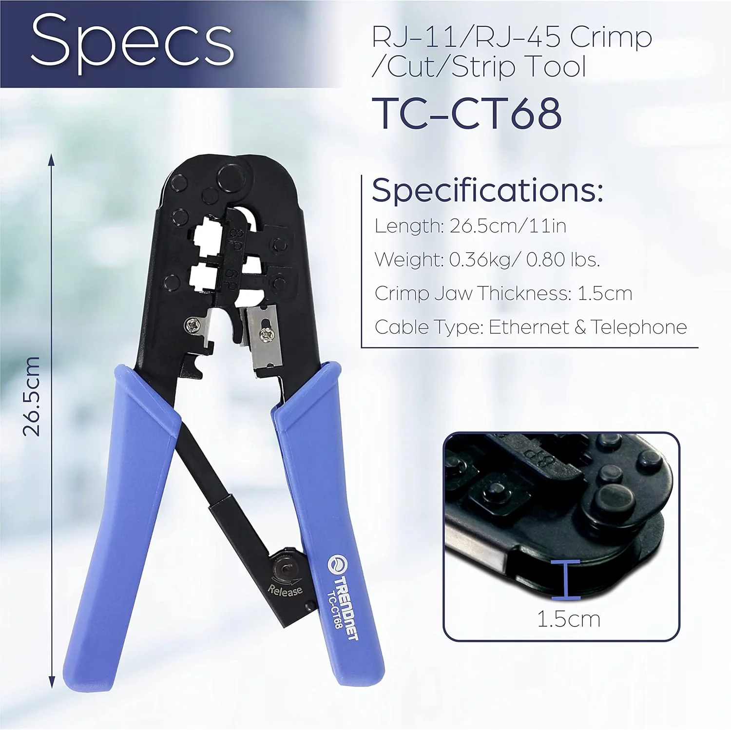 ابزار پرس ترندنت، ابزار پرس، برش و لخت کن، برای هر کابل اترنت یا تلفن، دارای برش و لخت کن داخلی، 8P-Rj-45 و 6P-Rj-12، Rj-11، تمام فولادی، مشکی، Tc-Ct68