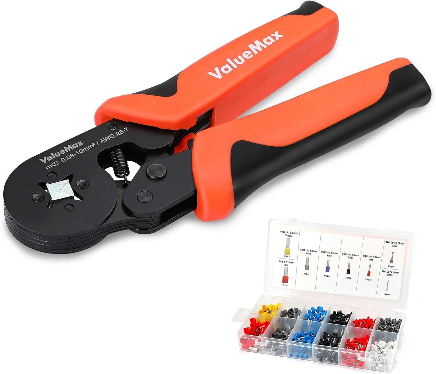 ست ابزار پرس سرسیم Valuemax، ابزار پرس سیم جغجغه ای خود تنظیم شونده 0.08-10 میلی متر مربع به همراه 800 عدد سرسیم عایق دار