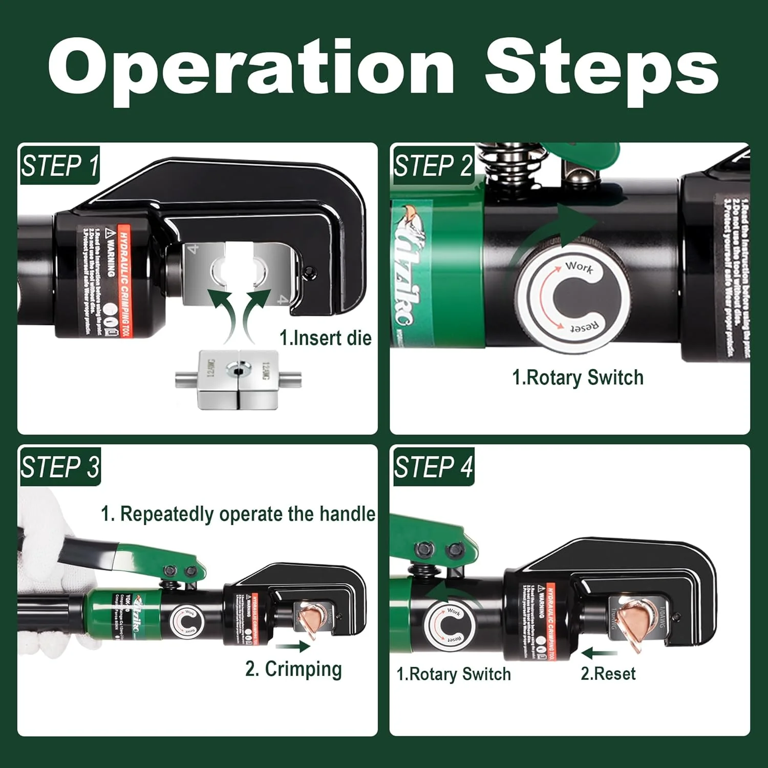 پرس کابلشو هیدرولیک 10 تن، مناسب برای کابل های 12 AWG تا 00 (2/0)، به همراه 9 قالب (ابزار پرس کابل 12awg~00awg)