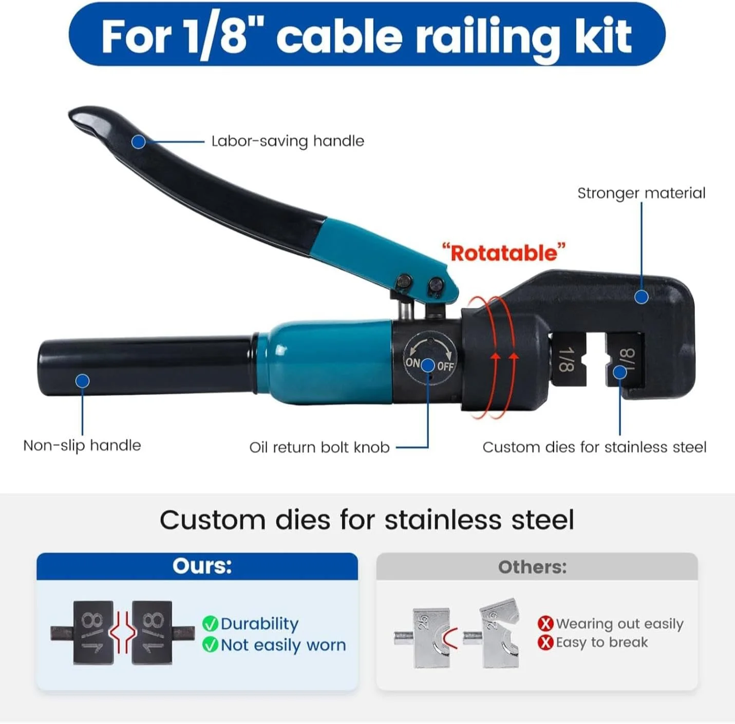 ابزار پرس هیدرولیک دستی سفارشی 45KN برای کیت نرده کابل استیل ضد زنگ 1/8 اینچی، ابزار سیم بکسل با یک جفت قالب 1/8 اینچی CR09، CT1 ابزار پرس هیدرولیک دستی سفارشی 45KN برای کیت نرده کابل استیل ضد زنگ 1/8 اینچی، ابزار سیم بکسل با یک جفت قالب 1/8 اینچی CR09، CT1