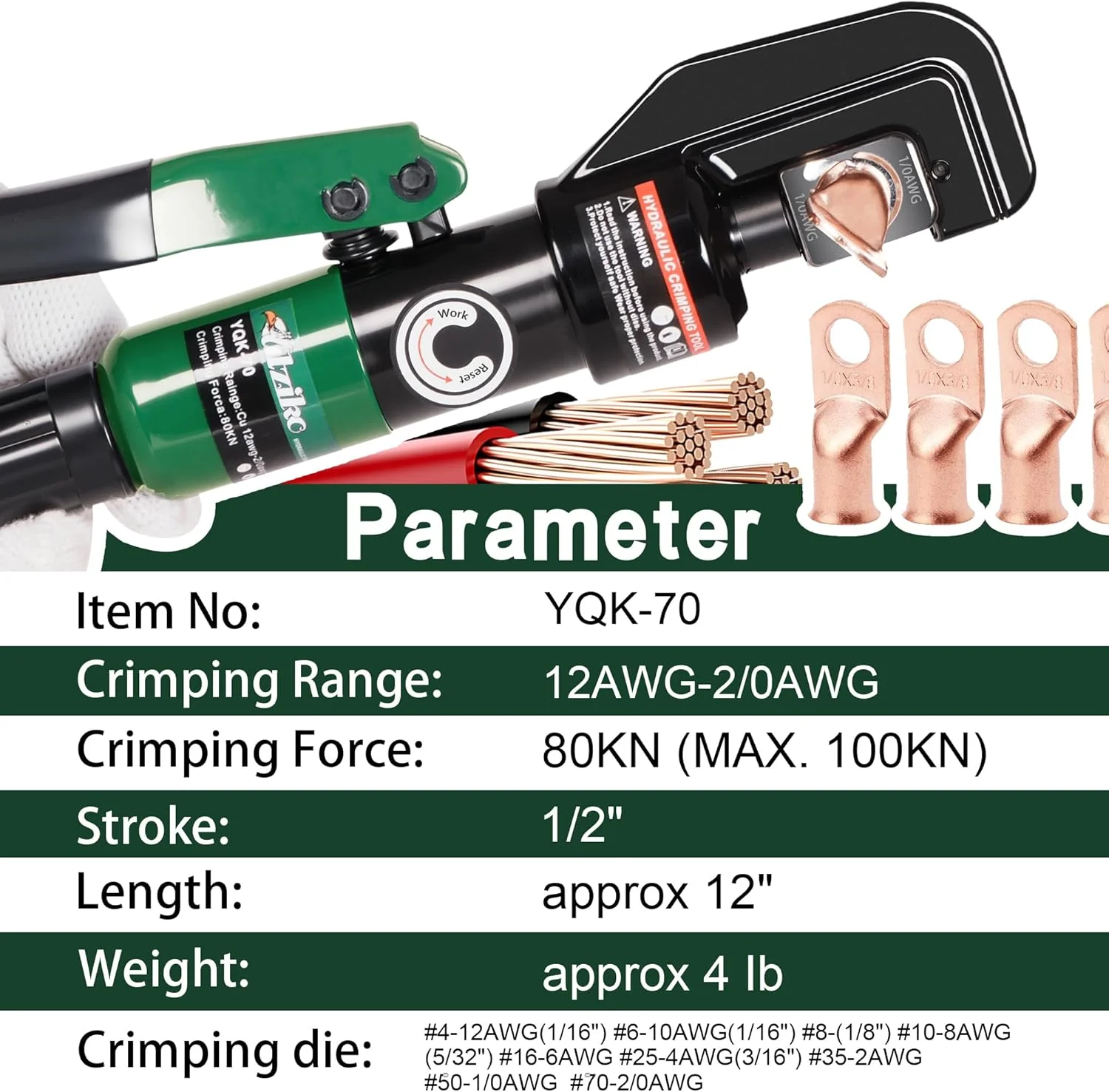 پرس کابلشو هیدرولیک 10 تن، مناسب برای کابل های 12 AWG تا 00 (2/0)، به همراه 9 قالب (ابزار پرس کابل 12awg~00awg)