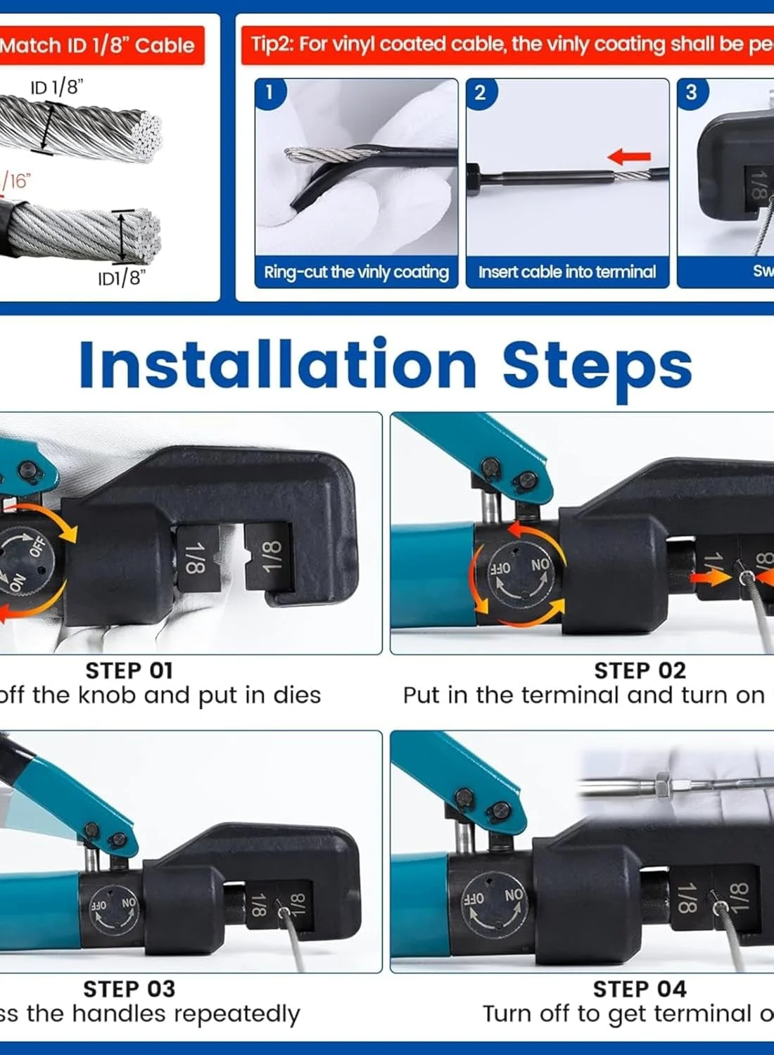 ابزار پرس هیدرولیک دستی سفارشی 45KN برای کیت نرده کابل استیل ضد زنگ 1/8 اینچی، ابزار سیم بکسل با یک جفت قالب 1/8 اینچی CR09، CT1 ابزار پرس هیدرولیک دستی سفارشی 45KN برای کیت نرده کابل استیل ضد زنگ 1/8 اینچی، ابزار سیم بکسل با یک جفت قالب 1/8 اینچی CR09، CT1