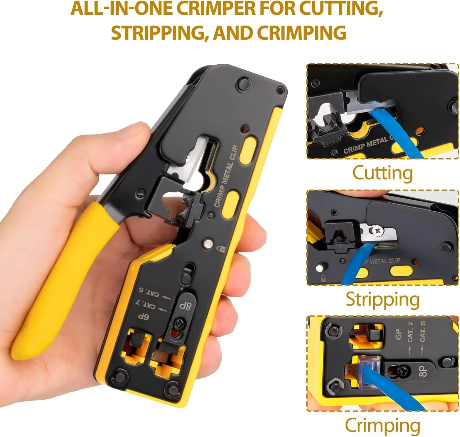 ابزار پرس RJ45 WEETOTUNG - کیت کامل و حرفه ای پرس اترنت به همراه تستر، 30 کانکتور و روکش Cat6 برای Cat5/Cat5e/Cat6