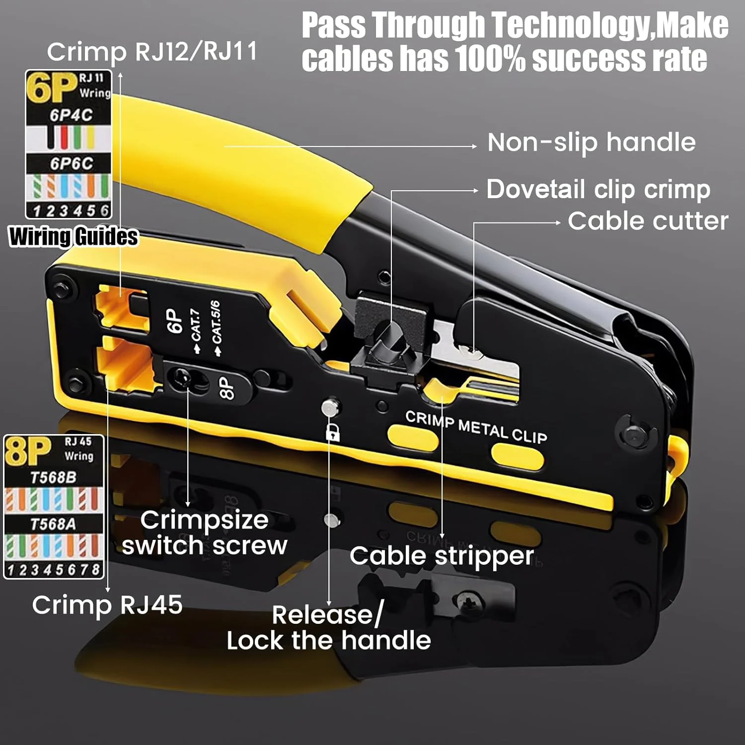 ابزار پرس RJ45 عبوری، ابزار پرس اترنت برای کانکتور عبوری Cat5 Cat6 Cat7، پشتیبانی از لخت کردن و برش، ابزار پرس سیم شبکه اترنت حرفه ای