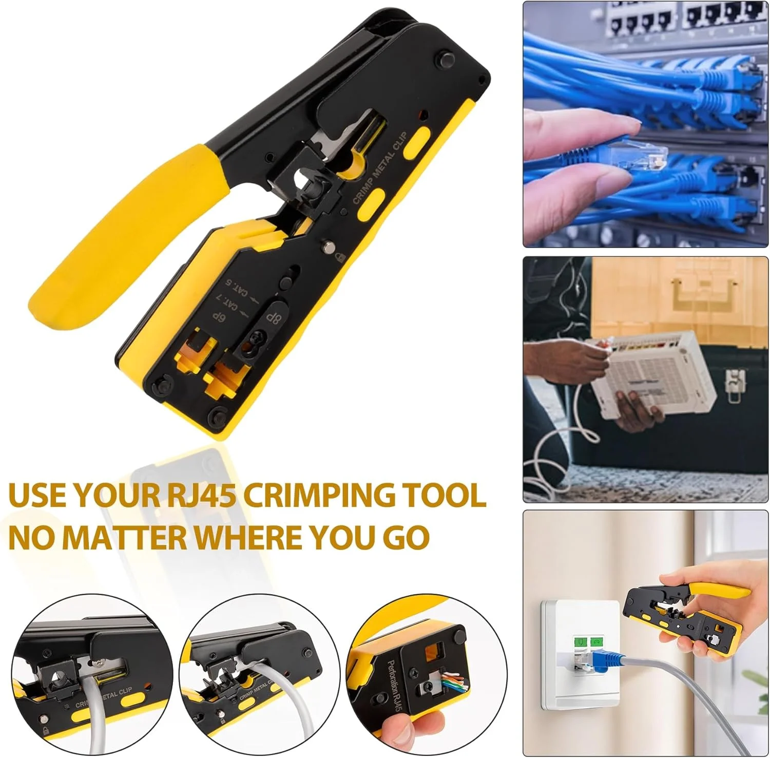 ابزار پرس RJ45 WEETOTUNG - کیت کامل و حرفه ای پرس اترنت به همراه تستر، 30 کانکتور و روکش Cat6 برای Cat5/Cat5e/Cat6