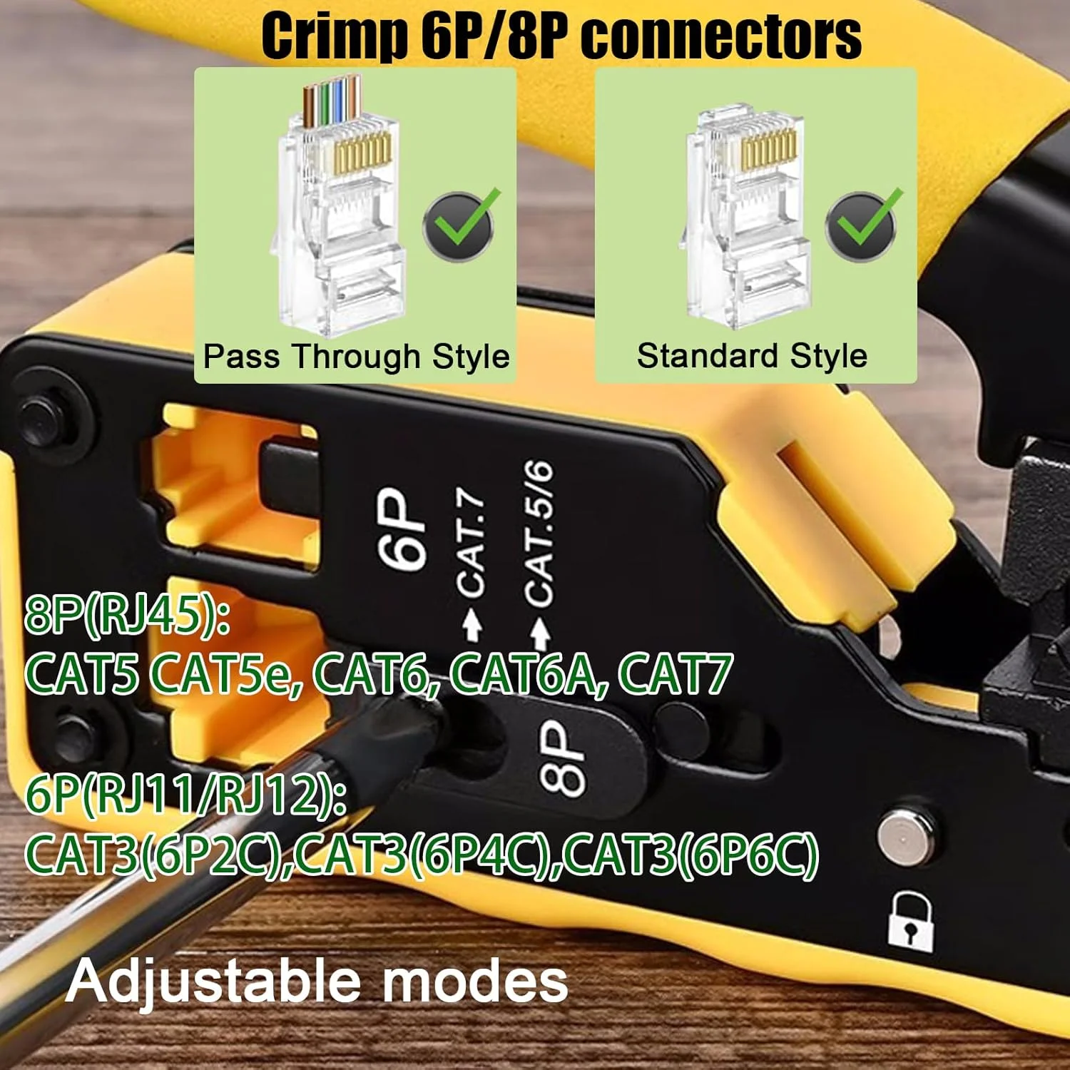ابزار پرس RJ45 عبوری، ابزار پرس اترنت برای کانکتور عبوری Cat5 Cat6 Cat7، پشتیبانی از لخت کردن و برش، ابزار پرس سیم شبکه اترنت حرفه ای