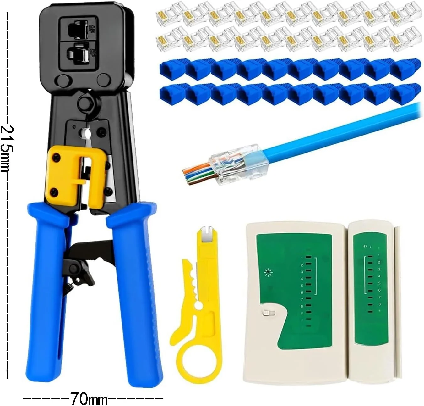 مجموعه ابزار پرس 43 عددی THE WHITE SHOP Cat6 RJ45 به همراه کانکتورهای عبوری RJ45 Cat6، روکش، سیم چین و تستر کابل شبکه