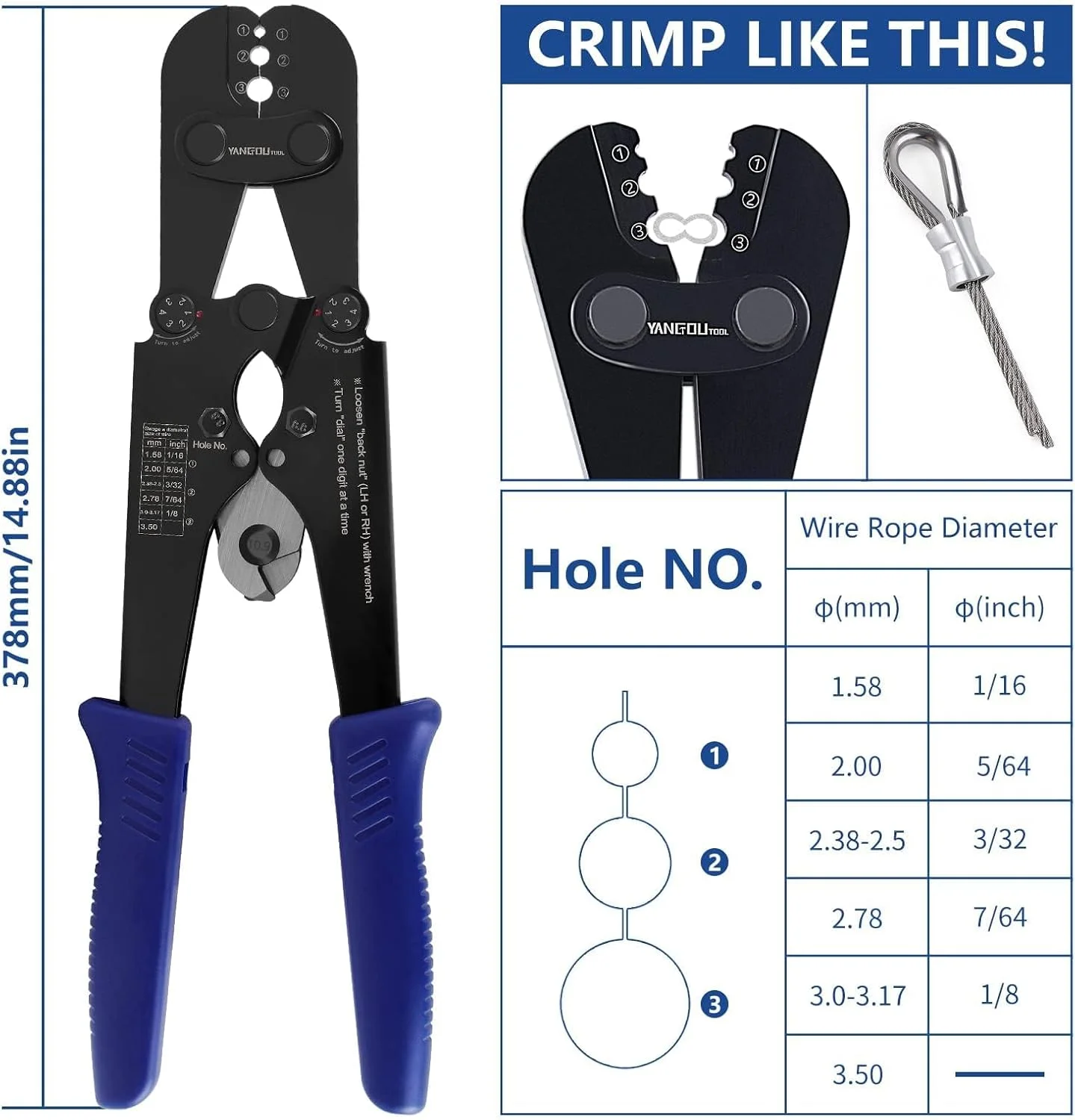 مجموعه ابزار پرس سیم بکسل Yangoutool سایز 3 میلی متر برای برش و پرچ کابل فولادی به همراه 100 عدد بست آلومینیومی بیضی دوتایی و 50 عدد انگشتی حلقه ای برای حصارکشی، تجهیزات، بالابر و ماهیگیری