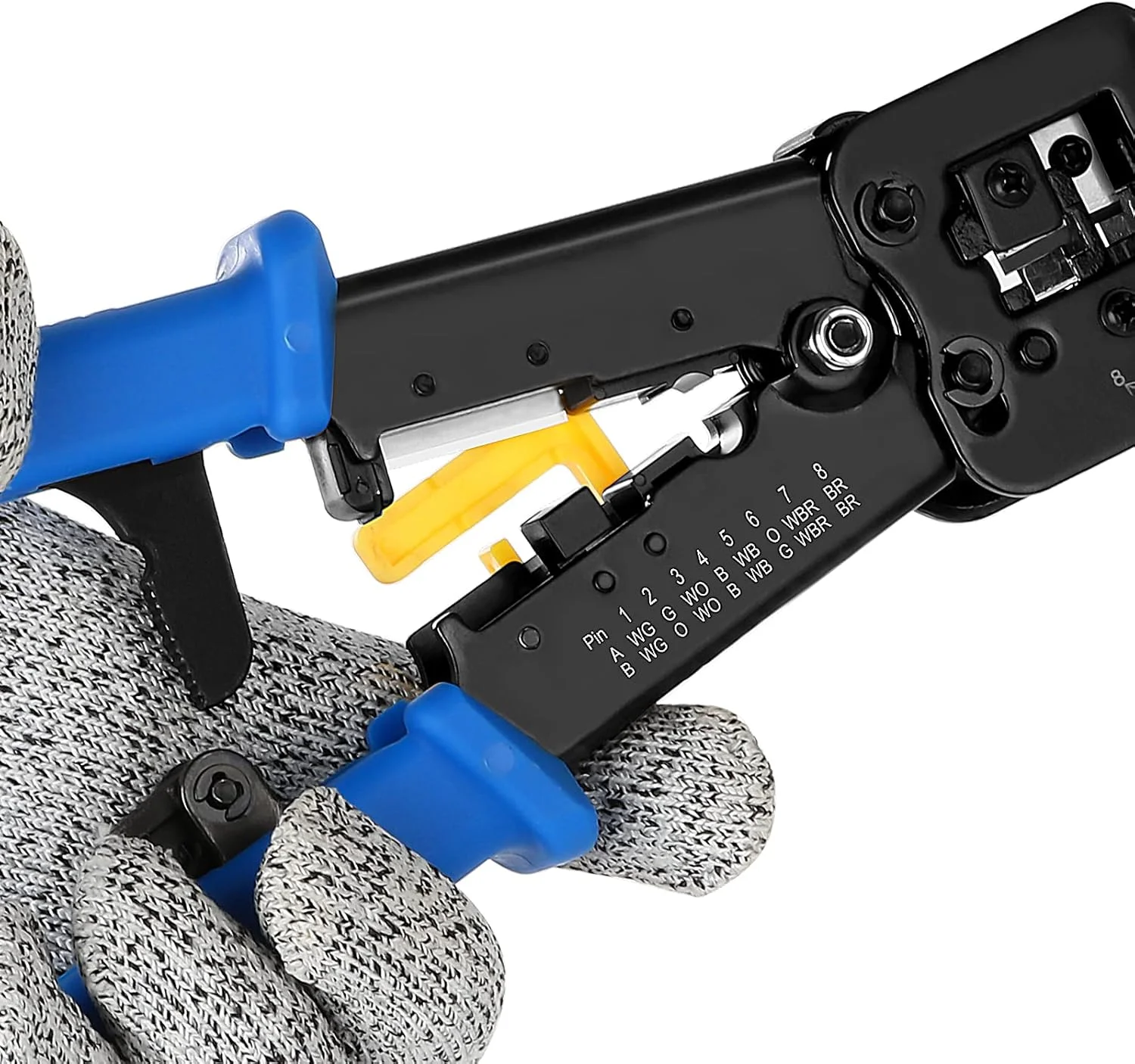 ست ابزار پرس RJ45 مدل YWNEGWE شامل ابزار پرس Cat5 Cat5e Cat6 RJ45 به همراه 20 عدد کانکتور عبوری Cat6 RJ45، 20 عدد روکش، 1 عدد سیم لخت کن و 1 عدد تستر کابل شبکه