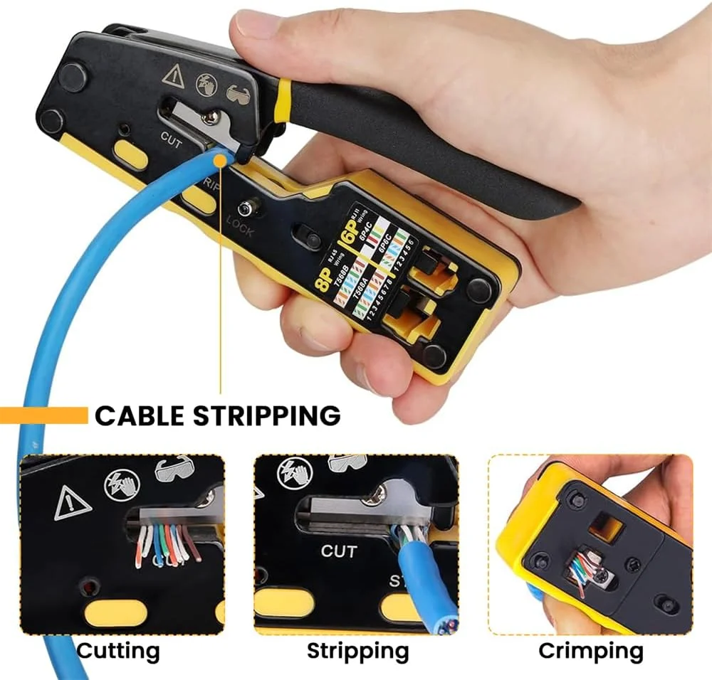 ابزار پرس RJ45 YARDHOBI، ابزار پرس اترنت همه کاره Cat6 Cat5، ابزار پرس کابل، سیم لخت کن، سیم چین برای RJ11 استاندارد، کانکتورهای RJ45 Pass-Thru، سیم لخت کن کوچک