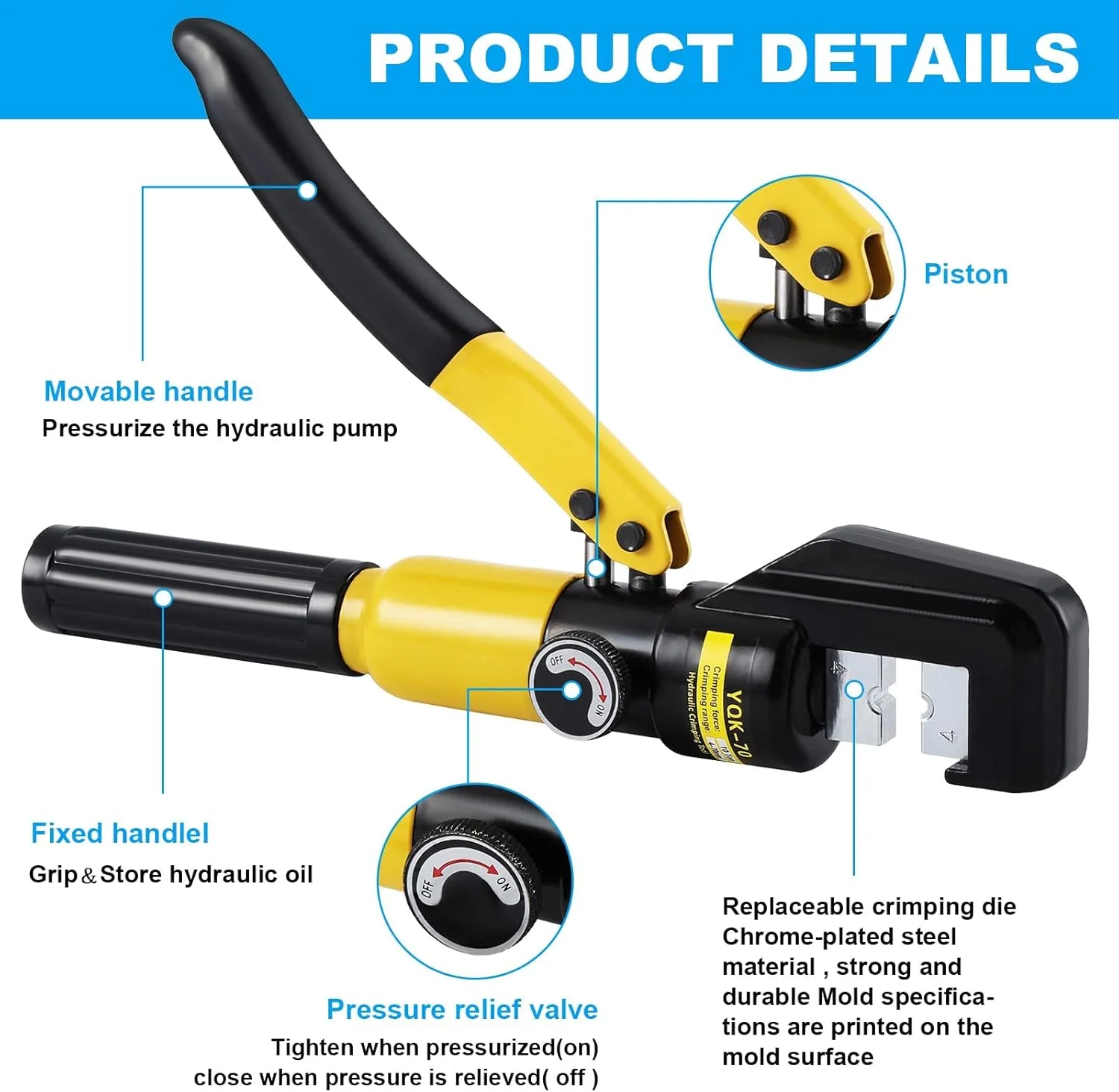 ابزار پرس هیدرولیک سیم و کابل برقی فروشگاه سفید، 10-400 میلی متر، پرس کابل جغجغه ای 16 تن، مجموعه قالب ابزار نیروی پرس ترمینال سیم کابل برقی هیدرولیک (YQK-70)