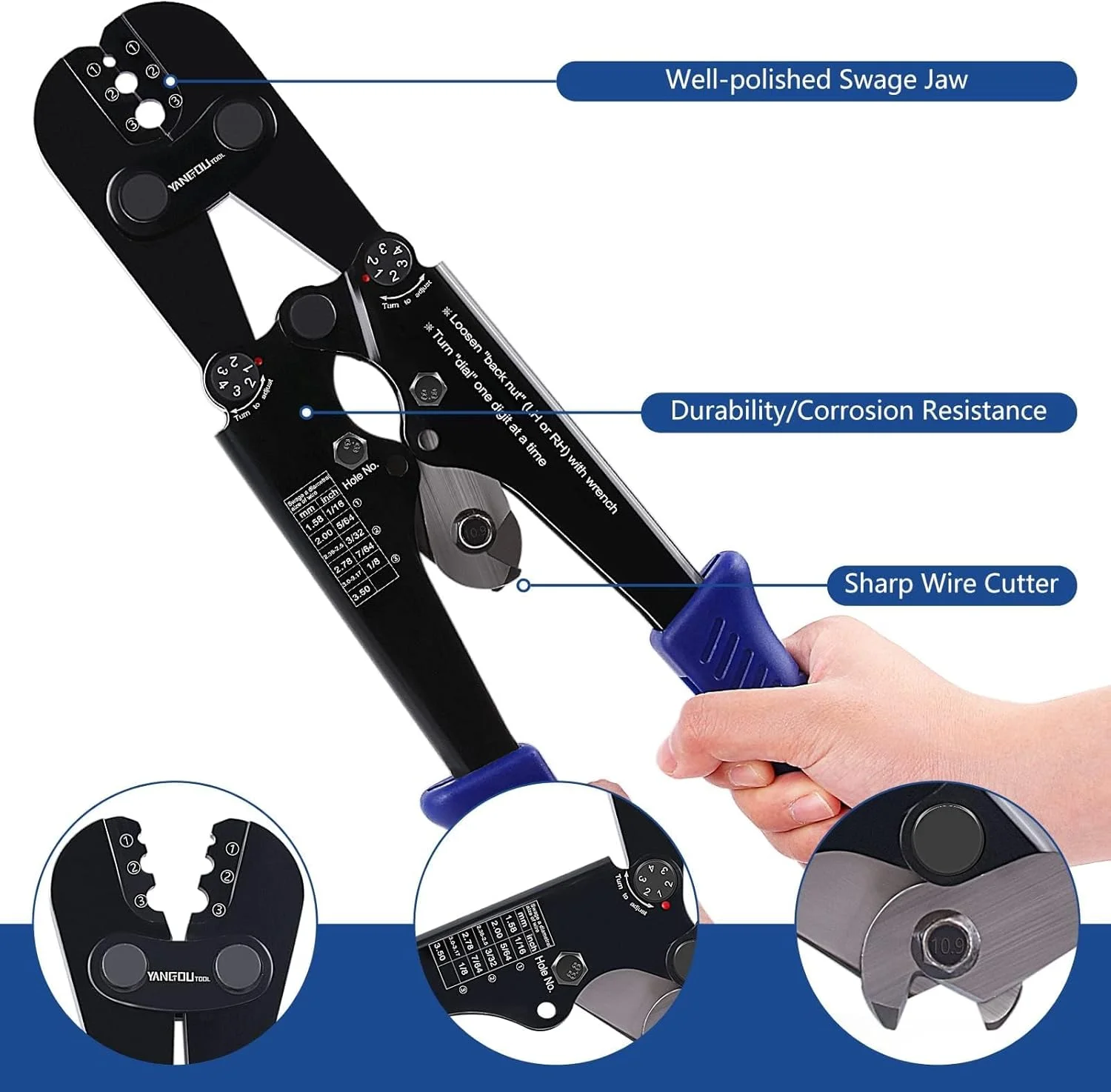 مجموعه ابزار پرس سیم بکسل Yangoutool سایز 3 میلی متر برای برش و پرچ کابل فولادی به همراه 100 عدد بست آلومینیومی بیضی دوتایی و 50 عدد انگشتی حلقه ای برای حصارکشی، تجهیزات، بالابر و ماهیگیری