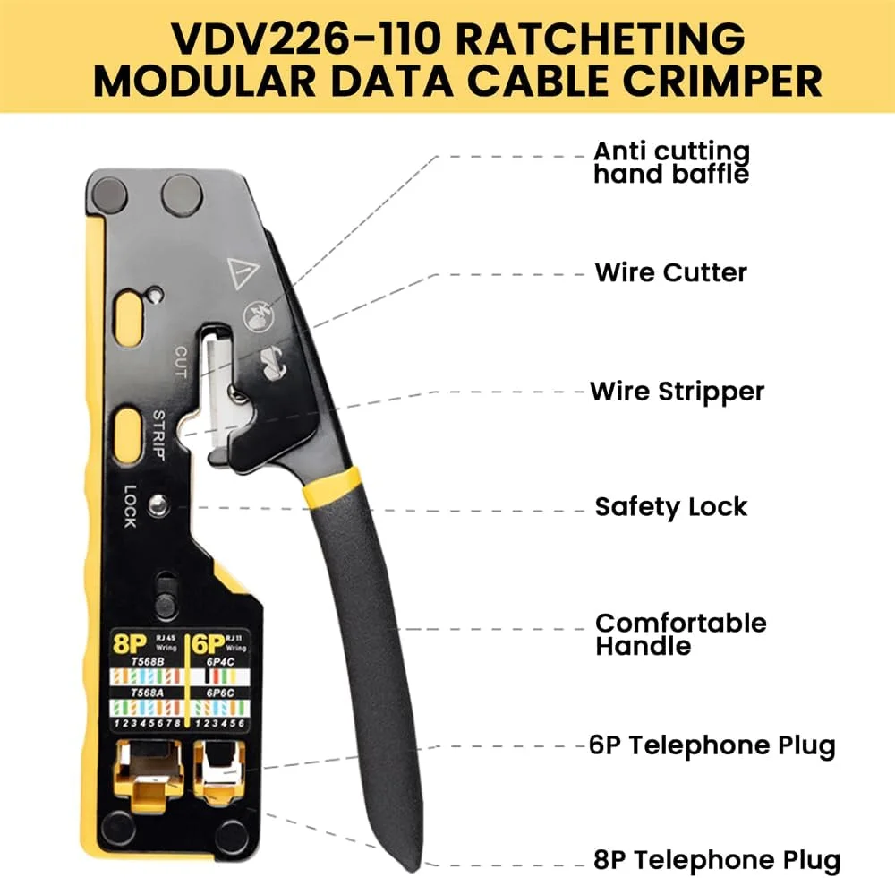 ابزار پرس RJ45 YARDHOBI، ابزار پرس اترنت همه کاره Cat6 Cat5، ابزار پرس کابل، سیم لخت کن، سیم چین برای RJ11 استاندارد، کانکتورهای RJ45 Pass-Thru، سیم لخت کن کوچک