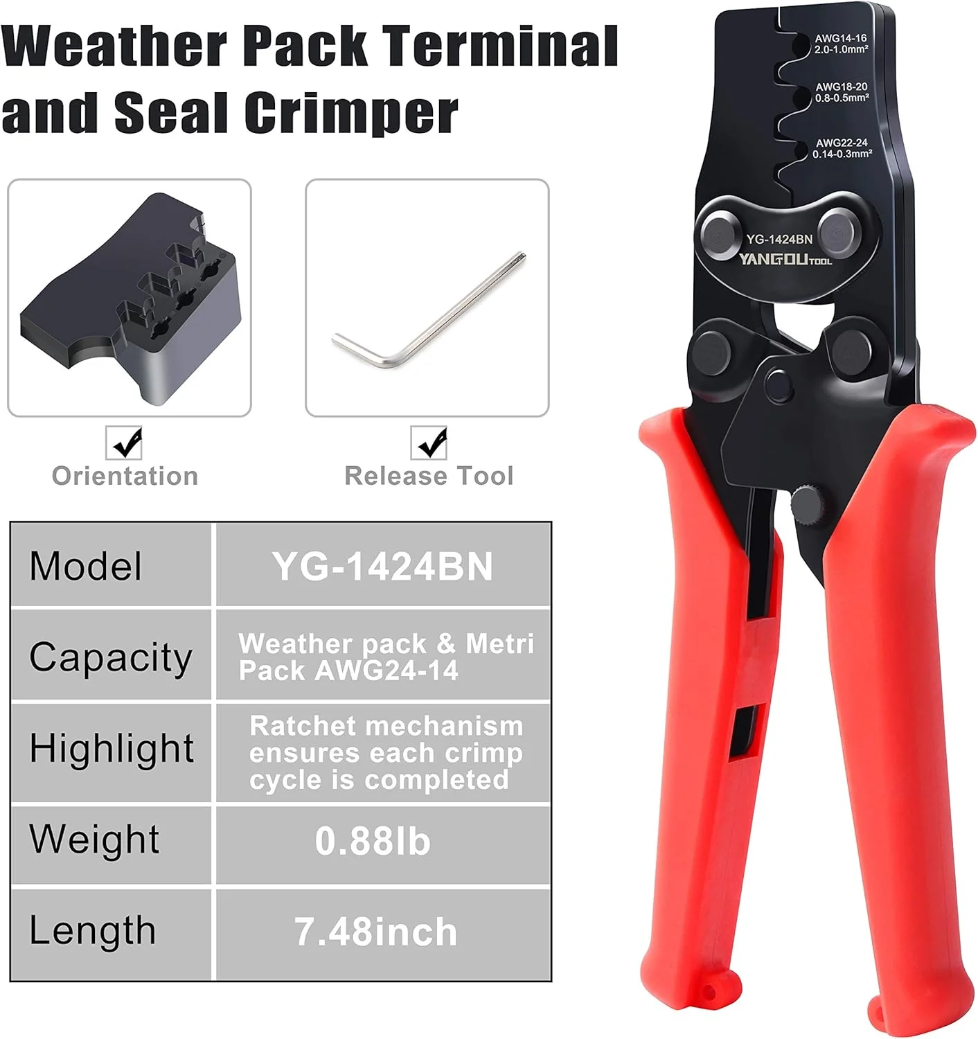 ابزار پرس سرسیم پیشرفته Yangoutool: پرس چند منظوره برای AWG 24-14، ایده آل برای ترمینال های Delphi APTIV و کانکتورهای Metri-Pack مدل 1424BN