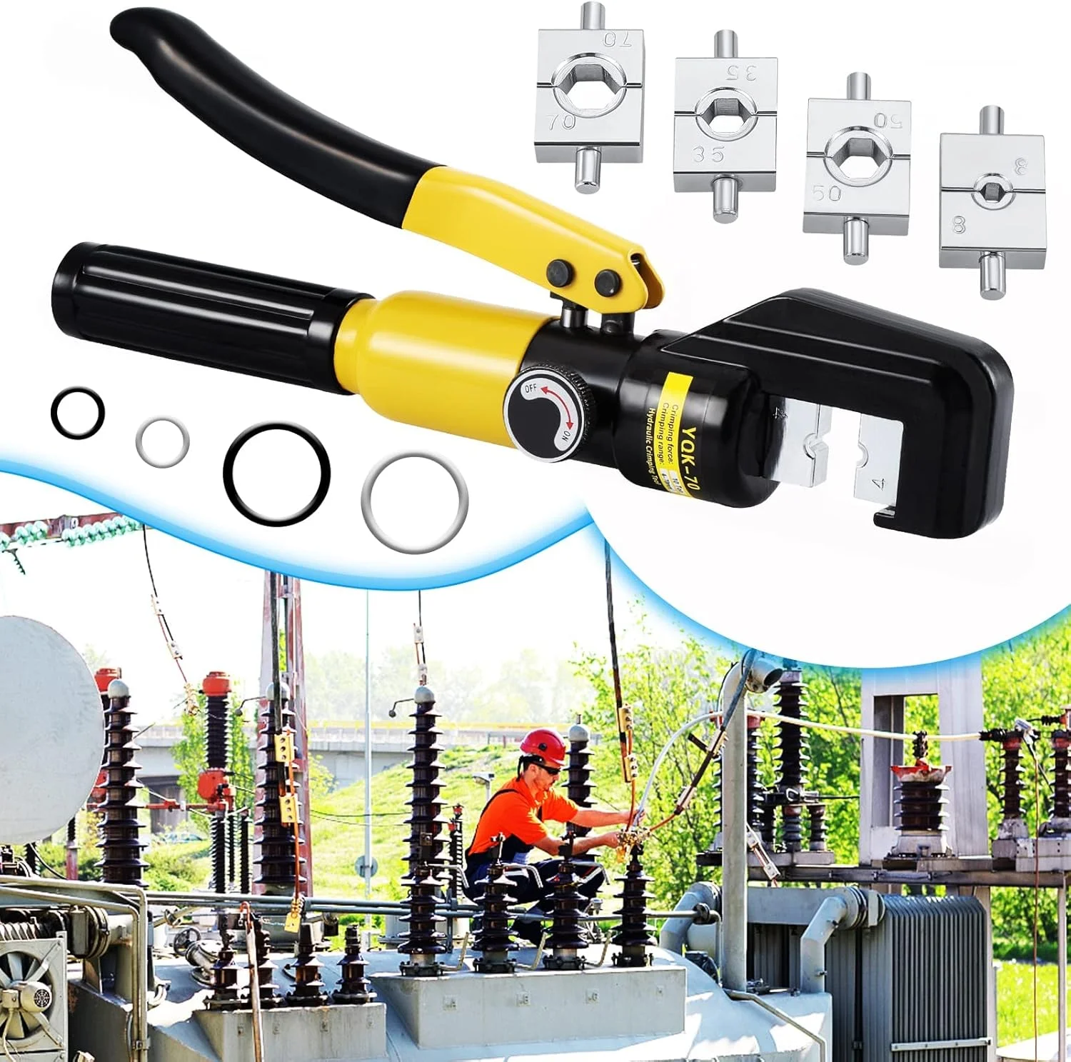 ابزار پرس هیدرولیک سیم و کابل برقی فروشگاه سفید، 10-400 میلی متر، پرس کابل جغجغه ای 16 تن، مجموعه قالب ابزار نیروی پرس ترمینال سیم کابل برقی هیدرولیک (YQK-70)