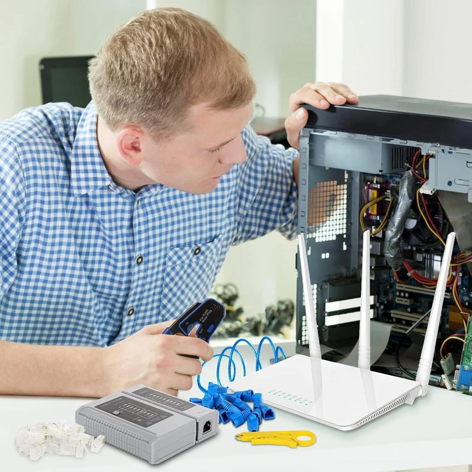 ابزار پرس RJ45 فروشگاه سفید برای کانکتورهای ماژولار Cat5e Cat6 Cat6a Cat5، ابزار پرس Cat6 همه کاره و تستر (باتری 9 ولت شامل نمی شود)