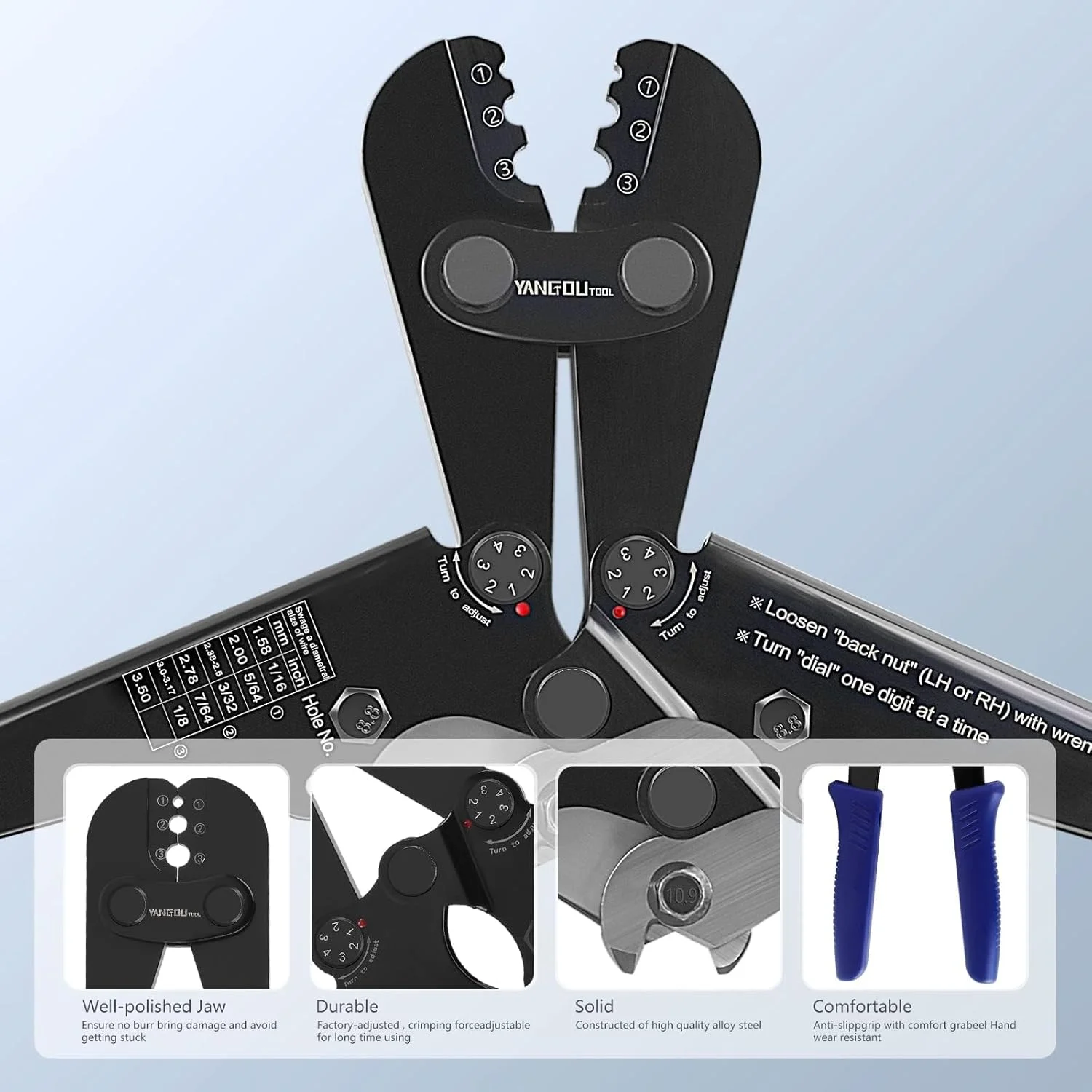 مجموعه ابزار پرس سیم بکسل Yangoutool سایز 3 میلی متر برای برش و پرچ کابل فولادی به همراه 100 عدد بست آلومینیومی بیضی دوتایی و 50 عدد انگشتی حلقه ای برای حصارکشی، تجهیزات، بالابر و ماهیگیری