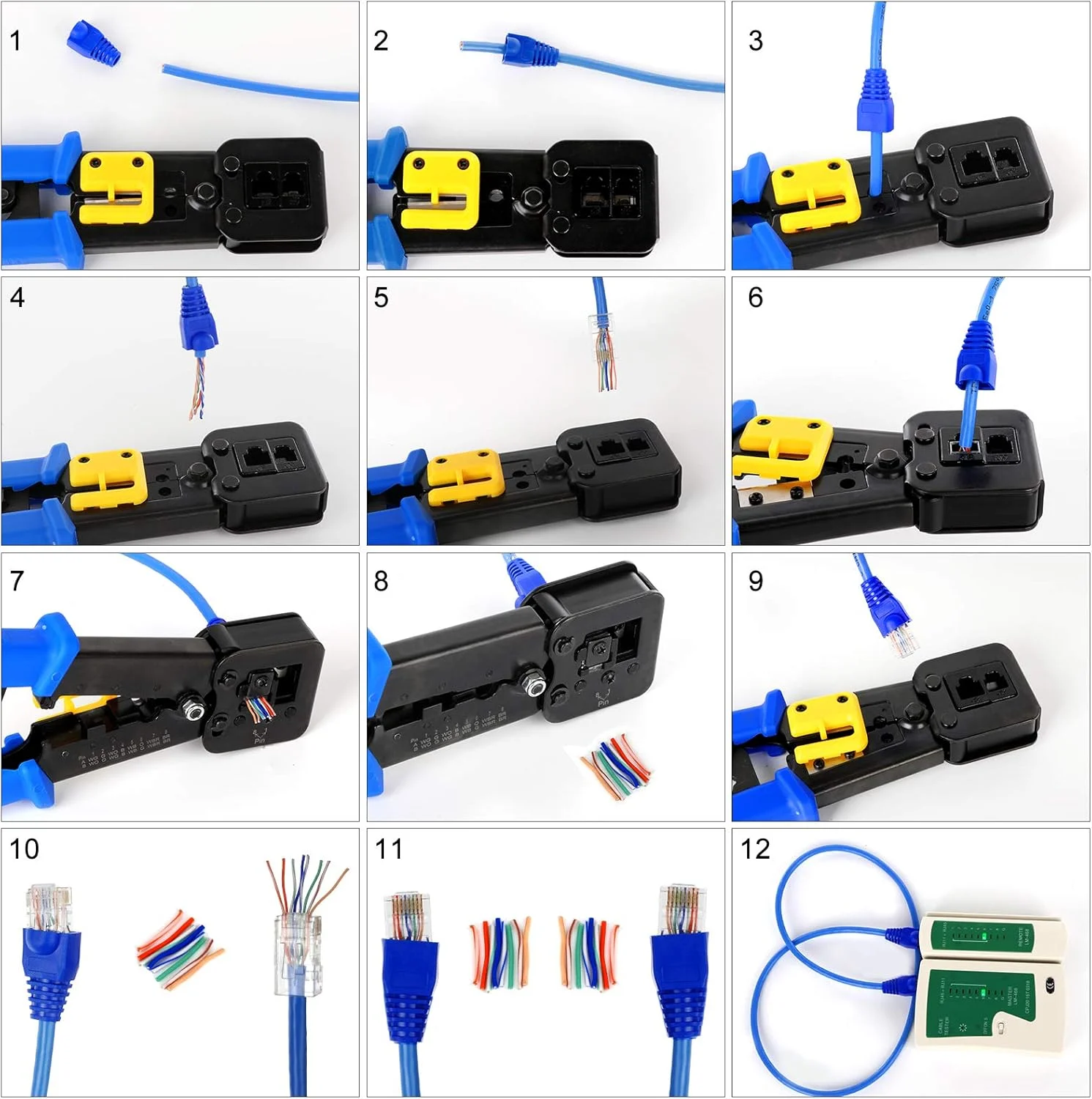 ست ابزار پرس RJ45 مدل YWNEGWE شامل ابزار پرس Cat5 Cat5e Cat6 RJ45 به همراه 20 عدد کانکتور عبوری Cat6 RJ45، 20 عدد روکش، 1 عدد سیم لخت کن و 1 عدد تستر کابل شبکه