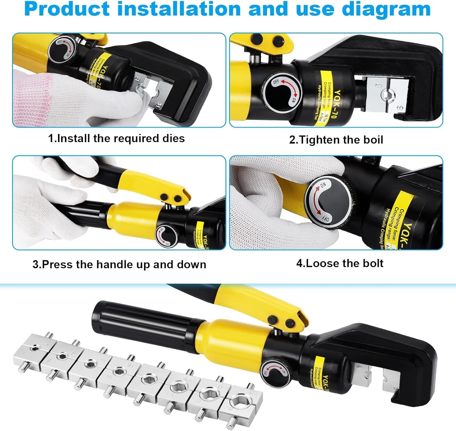 ابزار پرس هیدرولیک سیم و کابل برقی فروشگاه سفید، 10-400 میلی متر، پرس کابل جغجغه ای 16 تن، مجموعه قالب ابزار نیروی پرس ترمینال سیم کابل برقی هیدرولیک (YQK-70)