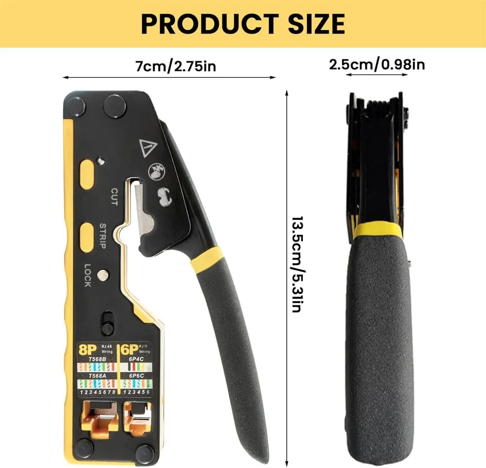 ابزار پرس RJ45 YARDHOBI، ابزار پرس اترنت همه کاره Cat6 Cat5، ابزار پرس کابل، سیم لخت کن، سیم چین برای RJ11 استاندارد، کانکتورهای RJ45 Pass-Thru، سیم لخت کن کوچک