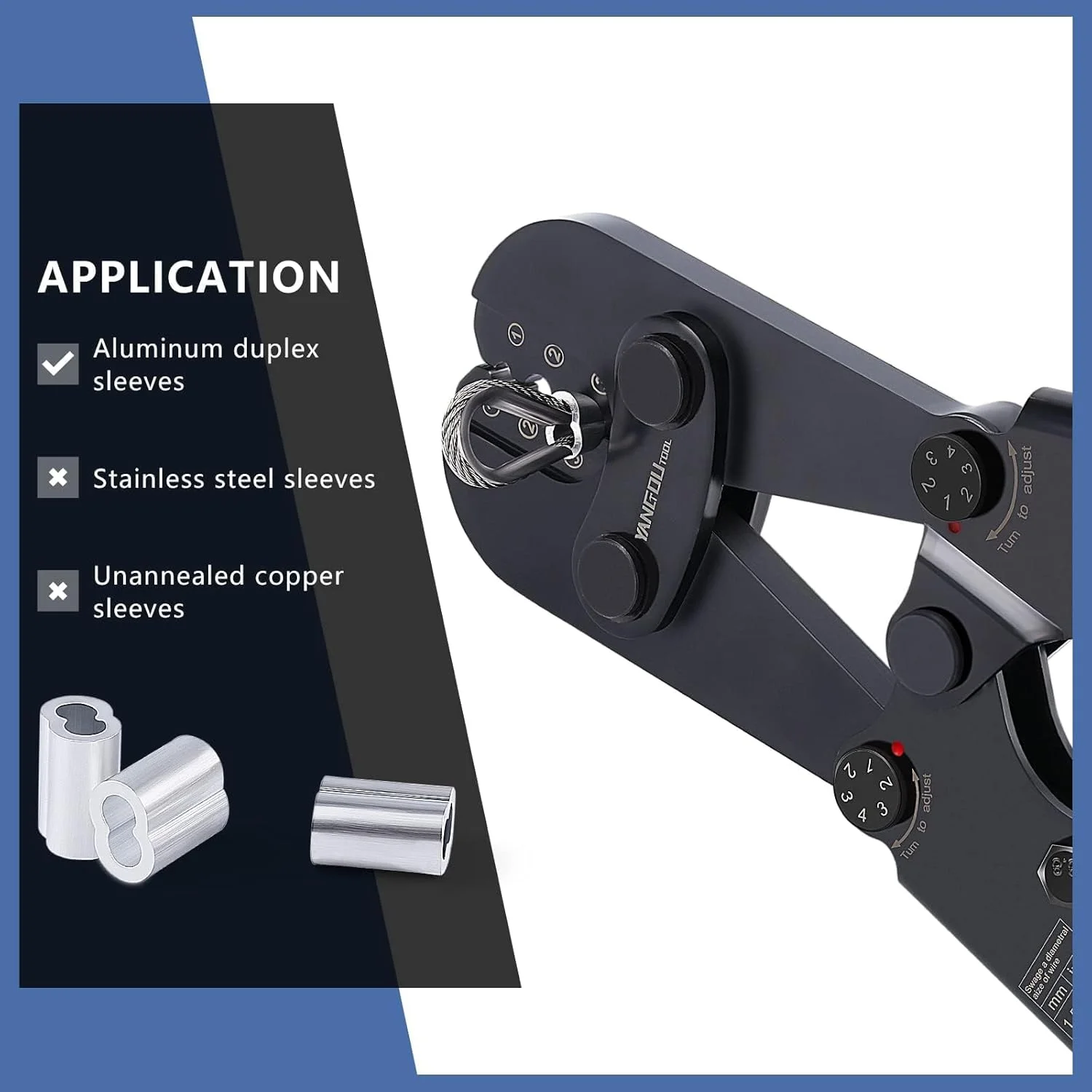 مجموعه ابزار پرس سیم بکسل Yangoutool سایز 3 میلی متر برای برش و پرچ کابل فولادی به همراه 100 عدد بست آلومینیومی بیضی دوتایی و 50 عدد انگشتی حلقه ای برای حصارکشی، تجهیزات، بالابر و ماهیگیری