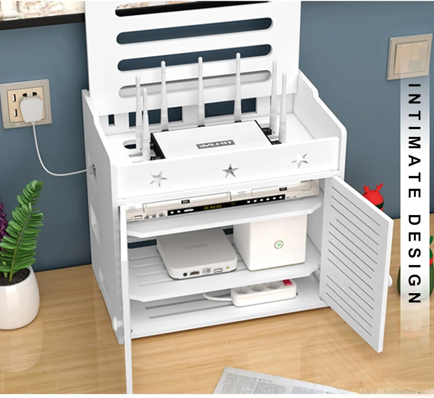 قفسه شناور کابینت، روتر وای فای، مودم، جعبه های ذخیره سازی سیم دوشاخه برق کابل، قفسه ذخیره سازی چند منظوره با درب (رنگ: سفید، اندازه: 37x26x40 سانتی متر)