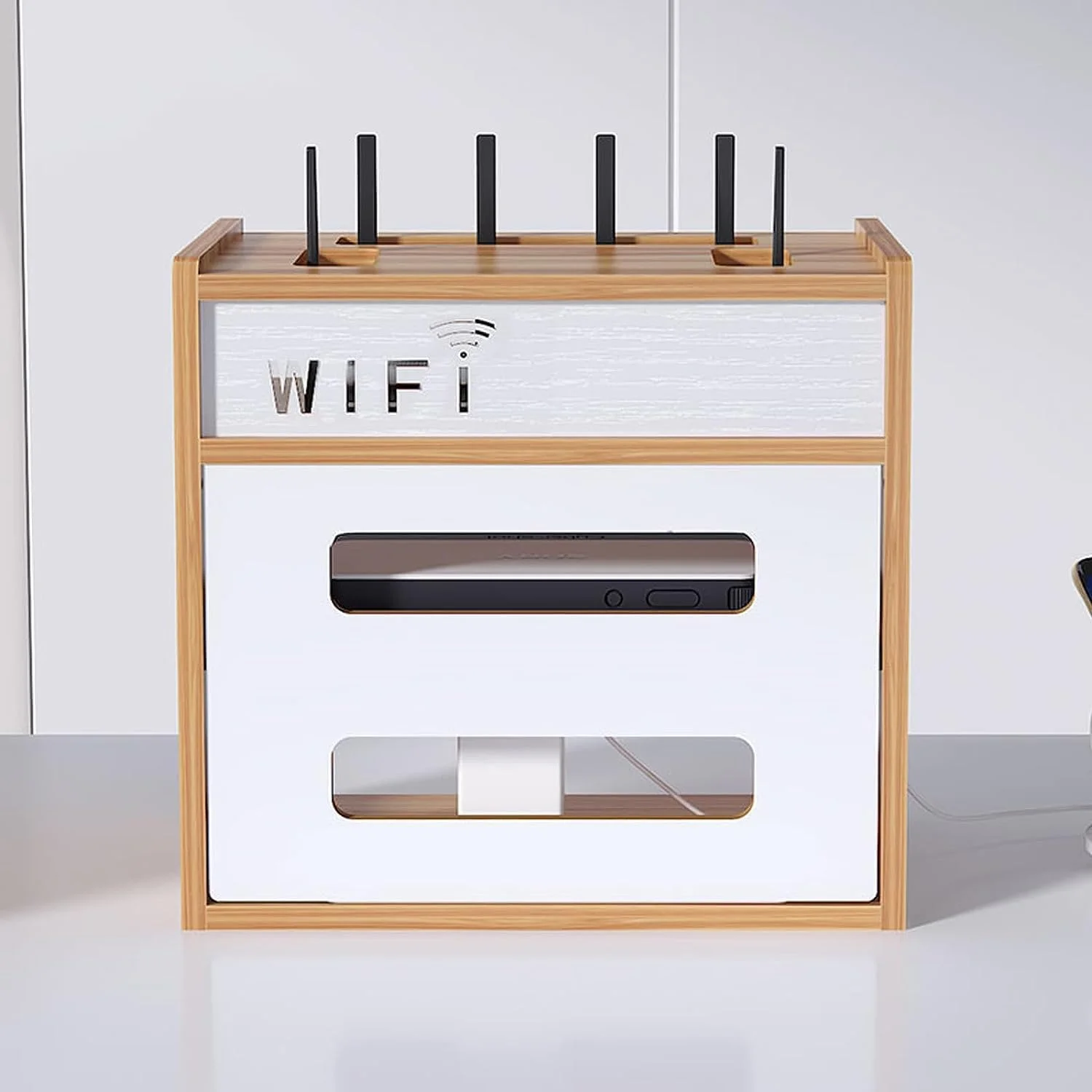 جعبه نگهداری روتر وای فای، کابینت چوبی وای فای برای روتر و مودم، جعبه تزئینی شیک با طراحی دو لایه برای سازماندهی کابل، اتلاف گرما، استفاده در دفتر و منزل (چوب زغالی)