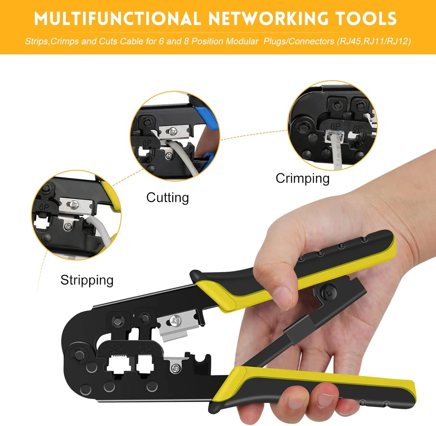 کیت ابزار پرس RJ45 YWNEGWE برای کانکتورهای پلاگین ماژولار Cat5 Cat5e Cat6، RJ-11، 6P/RJ-12، 8P/RJ-45، ابزار پرس شبکه، استریپ ماژولار RJ45، برش، پرس، همه کاره