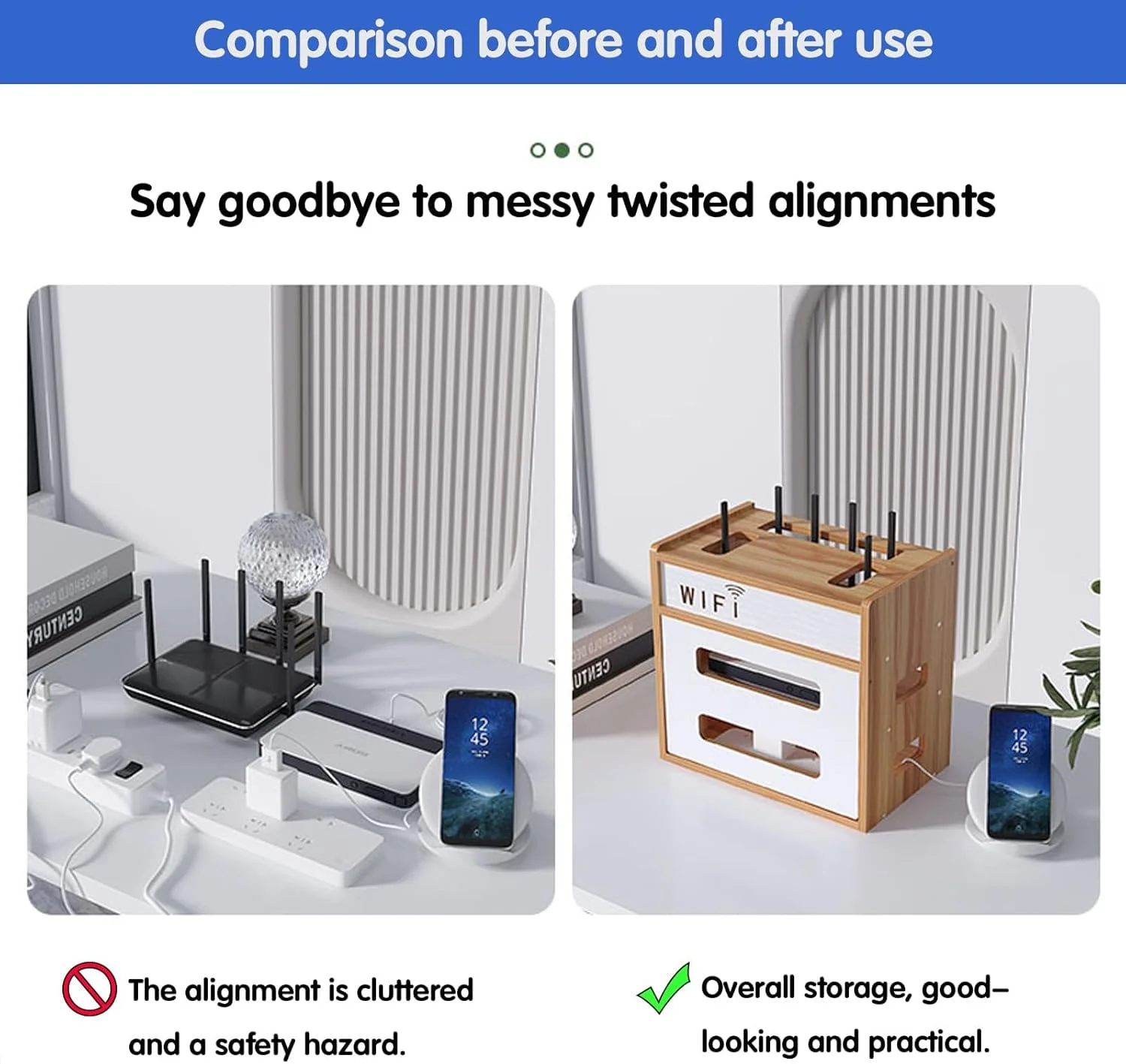 جعبه نگهداری روتر وای فای، کابینت چوبی وای فای برای روتر و مودم، جعبه تزئینی شیک با طراحی دو لایه برای سازماندهی کابل، اتلاف گرما، استفاده در دفتر و منزل (چوب زغالی)