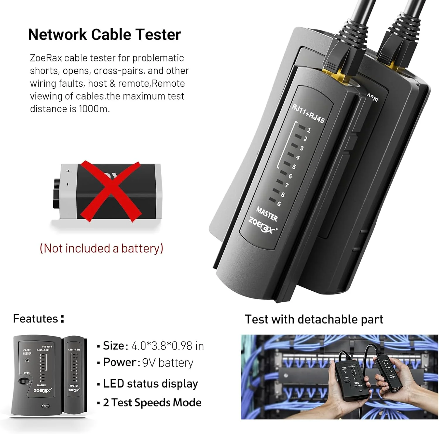 جعبه ابزار شبکه ZOERAX، ابزار پرس RJ45 حرفه ای 11 در 1 - پرس عبوری، تستر RJ45، ابزار پانچ 110/88، سیم لخت کن، کاتر، کانکتورهای عبوری Cat6 و روکش