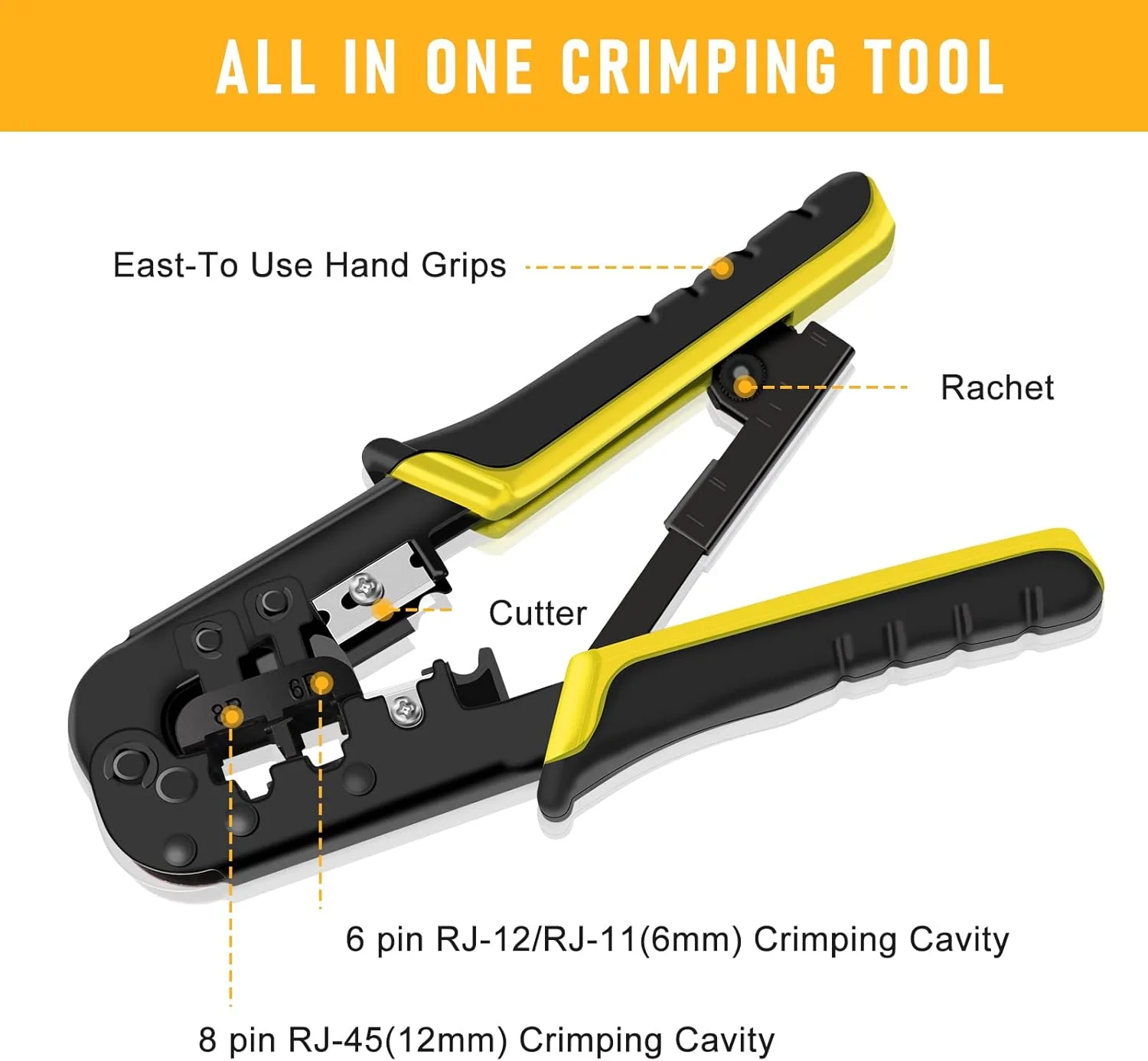 کیت ابزار پرس RJ45 YWNEGWE برای کانکتورهای پلاگین ماژولار Cat5 Cat5e Cat6، RJ-11، 6P/RJ-12، 8P/RJ-45، ابزار پرس شبکه، استریپ ماژولار RJ45، برش، پرس، همه کاره