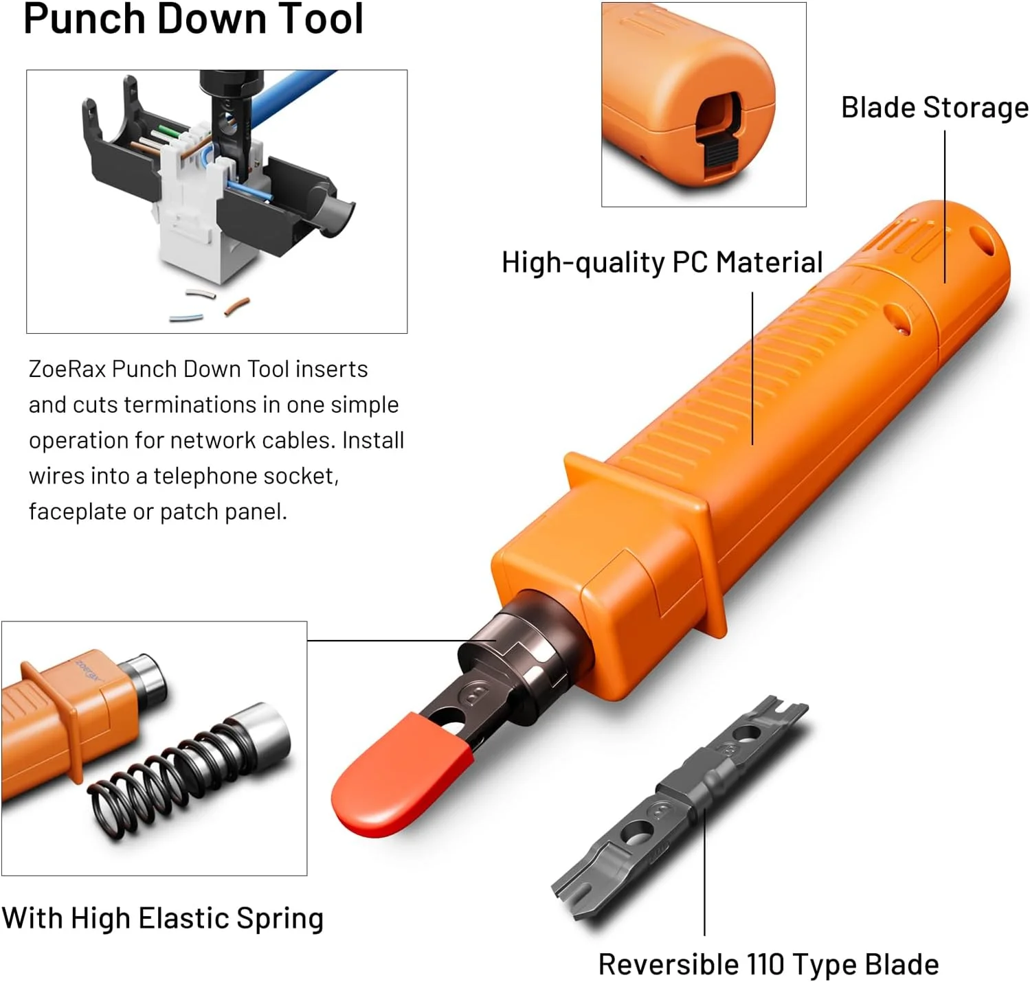 جعبه ابزار شبکه ZOERAX، ابزار پرس RJ45 حرفه ای 11 در 1 - پرس عبوری، تستر RJ45، ابزار پانچ 110/88، سیم لخت کن، کاتر، کانکتورهای عبوری Cat6 و روکش