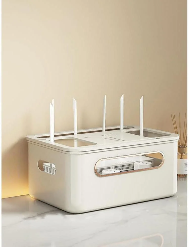 جعبه نگهداری روتر، قفسه جعبه گیرنده دیجیتال بی سیم وای فای STB، پوشش مودم نوری، قفسه، جعبه نگهدارنده برد پریز سیم، جعبه چند لایه سازمان دهنده کابل رومیزی برای کابینت تلویزیون (بژ، 1 لایه)