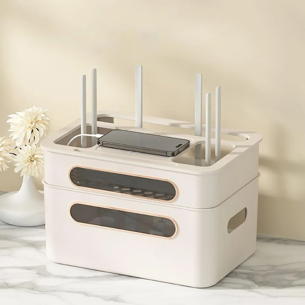 جعبه نگهداری روتر وای فای APAP، محفظه مدیریت سیم، جعبه نگهداری کابل چند منظوره، جعبه روتر کاربردی برای روتر کابل دفتر کار خانگی (2 لایه، زردآلویی)