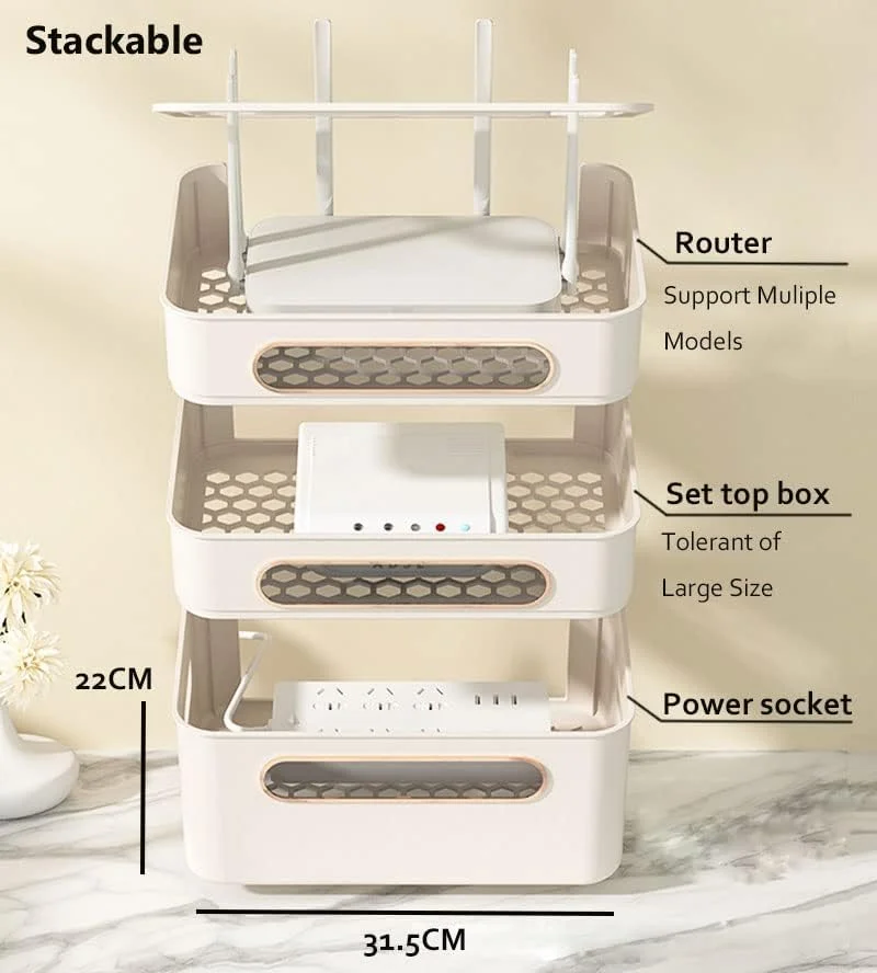 جعبه نگهداری روتر، قفسه جعبه گیرنده دیجیتال بی سیم وای فای STB، پوشش مودم نوری، قفسه، جعبه نگهدارنده برد پریز سیم، جعبه چند لایه سازمان دهنده کابل رومیزی برای کابینت تلویزیون (بژ، 1 لایه)