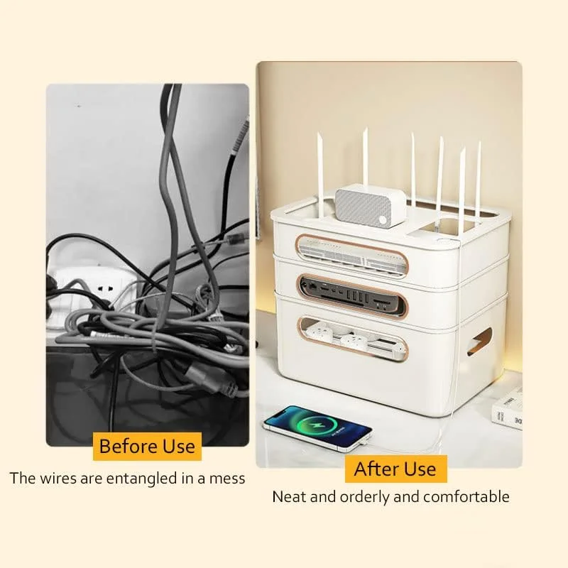 جعبه نگهداری روتر، قفسه جعبه گیرنده دیجیتال بی سیم وای فای STB، پوشش مودم نوری، قفسه، جعبه نگهدارنده برد پریز سیم، جعبه چند لایه سازمان دهنده کابل رومیزی برای کابینت تلویزیون (بژ، 1 لایه)