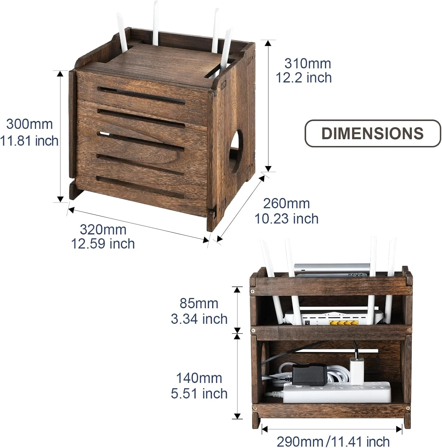 قفسه روتر چوبی BEARUT، نصب دیواری، جعبه ذخیره سازی روتر وای فای، پوشش روتر مودم کابل، سازماندهی نوار برق، قفسه مخفی کننده کابل، نیاز به مونتاژ، 29 سانتی متر عرض × 24 سانتی متر ارتفاع × 23 سانتی متر عمق