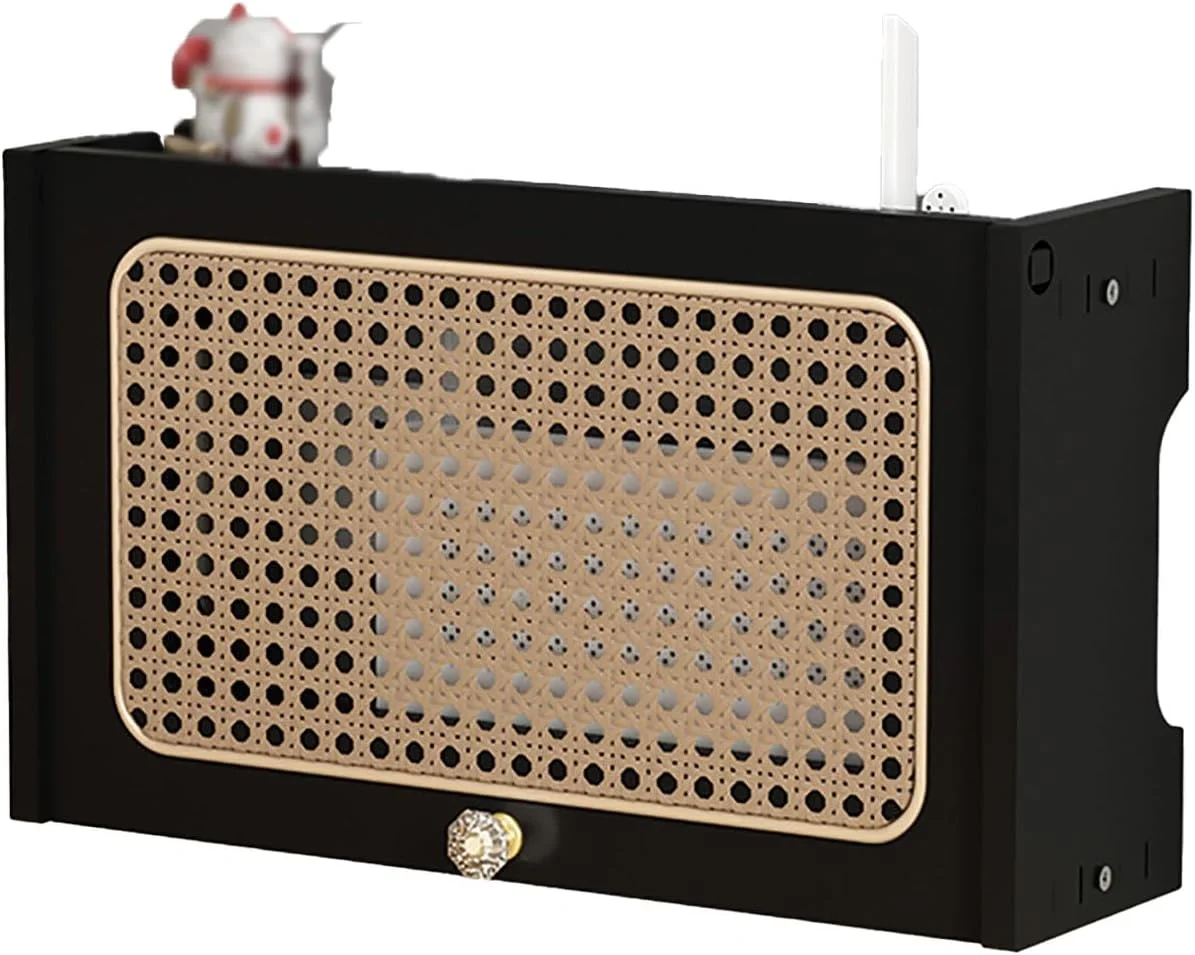 شلف روتر وای فای، باکس وای فای، قفسه روتر وای فای، باکس اینترنت، باکس نگهداری کابل، باکس رسیور تلویزیون، قفسه پوشش پریز کابینت تلویزیون دیواری چوبی، پچ پنل، شلف شناور (4 رنگ)