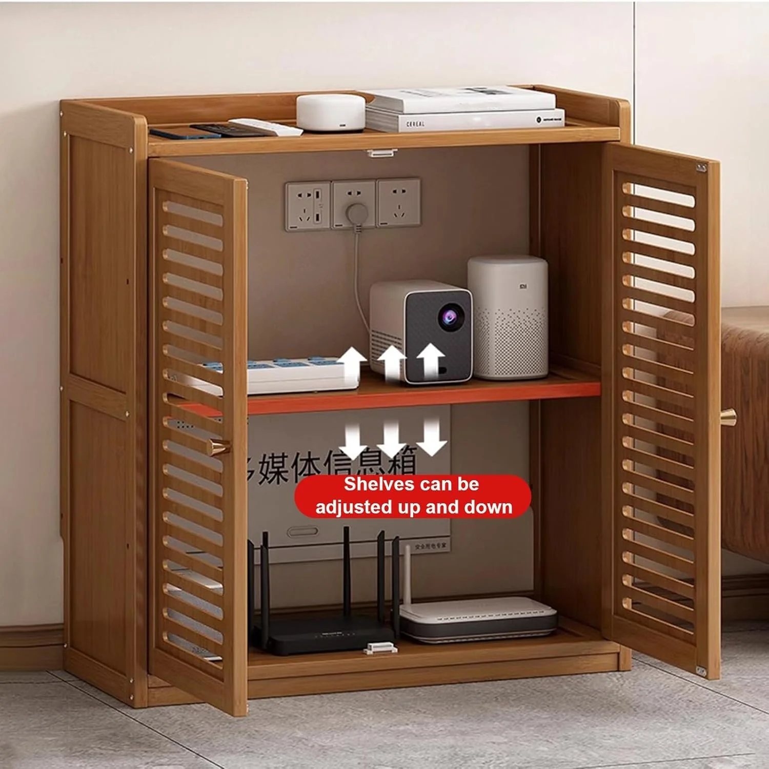 کابینت ذخیره سازی روتر وای فای بامبو، مخفی کننده جعبه وای فای با قفسه های قابل تنظیم، سازمان دهنده مودم و چندراهی برق ایستاده، مدیریت کابل، برای خانه و دفتر (قهوه ای، متوسط)