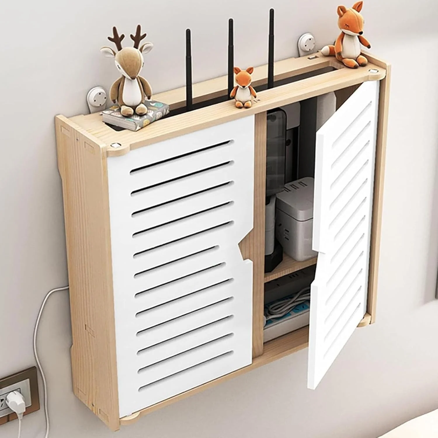 باکس ذخیره سازی روتر وای فای HOLGVE، قفسه دیواری روتر وای فای، باکس ذخیره سازی مودم روتر بی سیم رسانه ای چوبی برای خانه و محل کار (37x33 سانتی متر / 14.6x13 اینچ)