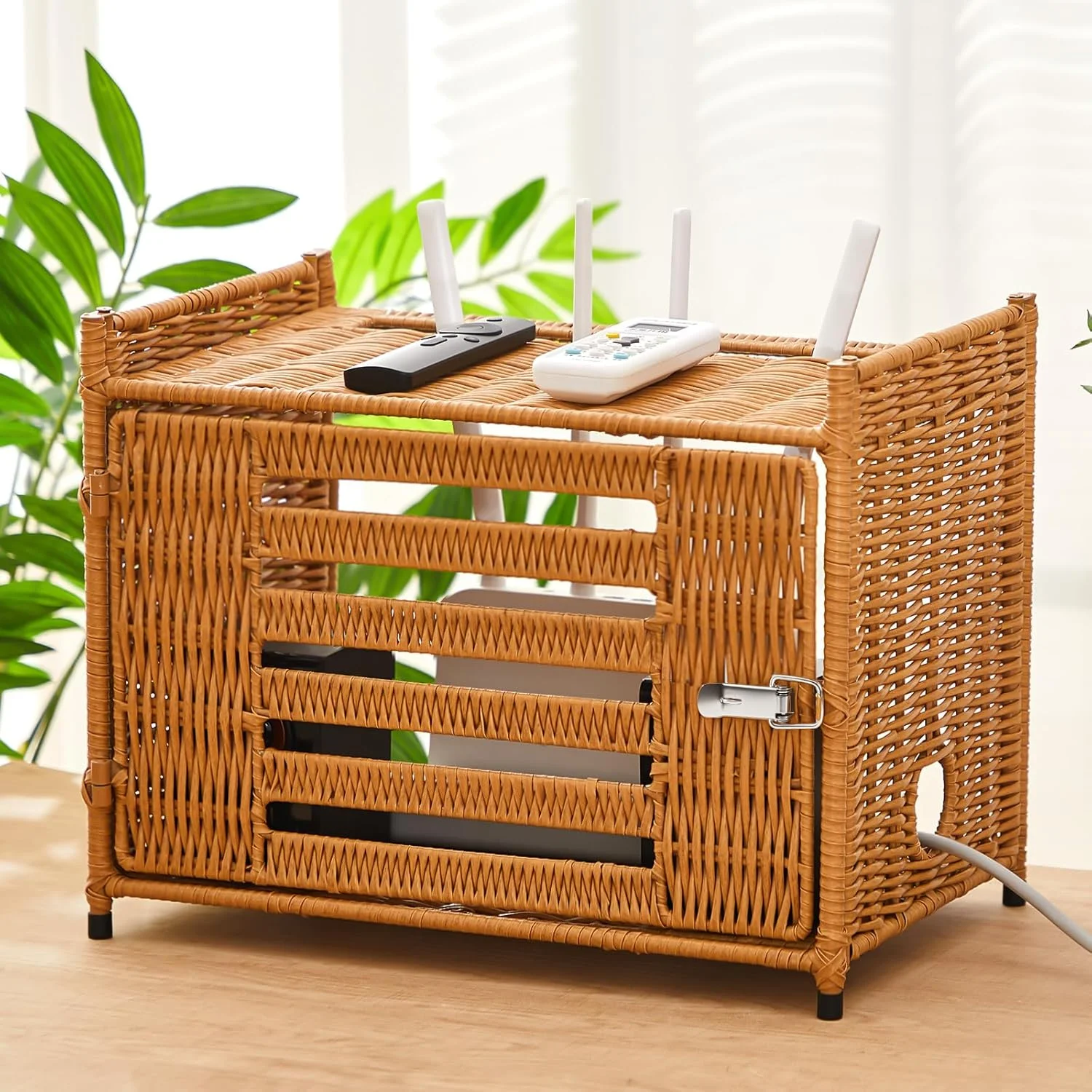 پایه روتر حصیری Kathfly، قفسه جعبه ذخیره سازی پروژکتور، پوشش مودم مخفی کننده جعبه روتر وای فای، مدیریت کابل حصیری دست بافت تزئینی سازمان یافته، قفسه مخفی کننده با مونتاژ آسان برای مودم ها و چند راهی برق