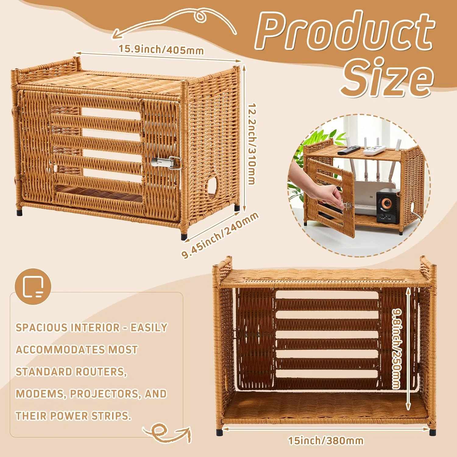 پایه روتر حصیری Kathfly، قفسه جعبه ذخیره سازی پروژکتور، پوشش مودم مخفی کننده جعبه روتر وای فای، مدیریت کابل حصیری دست بافت تزئینی سازمان یافته، قفسه مخفی کننده با مونتاژ آسان برای مودم ها و چند راهی برق