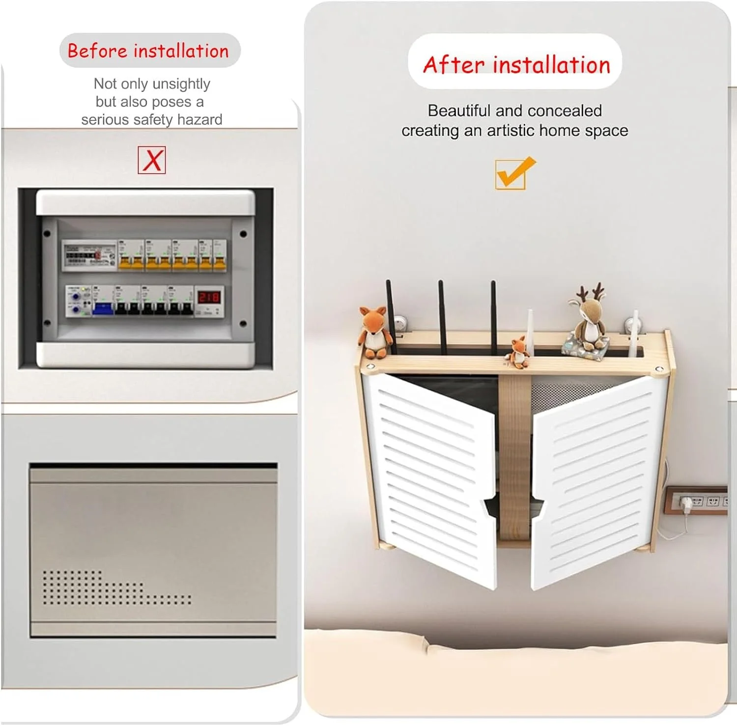 باکس ذخیره سازی روتر وای فای HOLGVE، قفسه دیواری روتر وای فای، باکس ذخیره سازی مودم روتر بی سیم رسانه ای چوبی برای خانه و محل کار (37x33 سانتی متر / 14.6x13 اینچ)