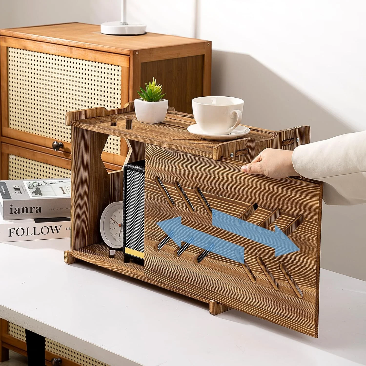 شلف روتر چوبی، استند پروژکتور، باکس ذخیره سازی روتر، کاور روتر، مدیریت کابل مودم و سیم برق، قفسه مخفی کننده کابل - نیازمند مونتاژ (قهوه ای روستیک)